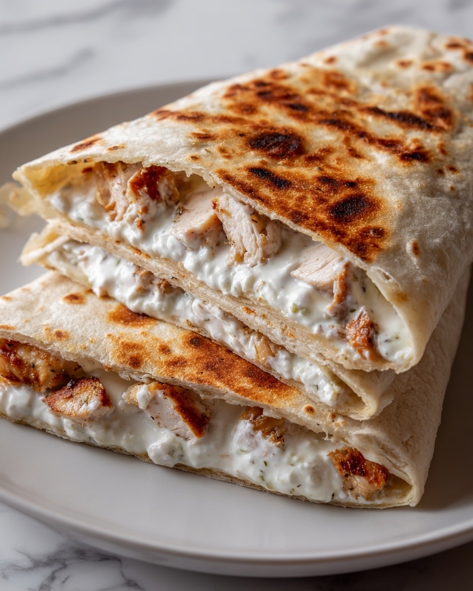 The image shows a close-up of a white wrap filled with grilled chicken pieces covered in creamy white sauce, with hints of herbs visible inside. The wrap has light brown grill marks and a soft texture. The creamy sauce is thick and slightly glossy, dripping over the edges of the chicken and wrap, creating a rich and appetizing look. The background is a white marbled surface, enhancing the freshness of the dish. Photo taken with an iphone --ar 4:5 --v 7