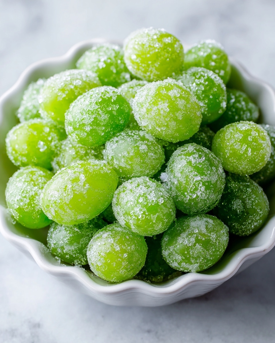 A close-up view of a white scalloped bowl filled with a single layer of small, round green grapes that are all covered in a thick coating of sparkling white sugar crystals, giving them a frosty appearance. The grapes are tightly packed, each with a smooth, shiny texture beneath the eye-catching sugar layer. The bowl is placed on a white marbled surface that adds a soft contrast to the vivid green of the grapes and the sparkling sugar. photo taken with an iphone --ar 4:5 --v 7