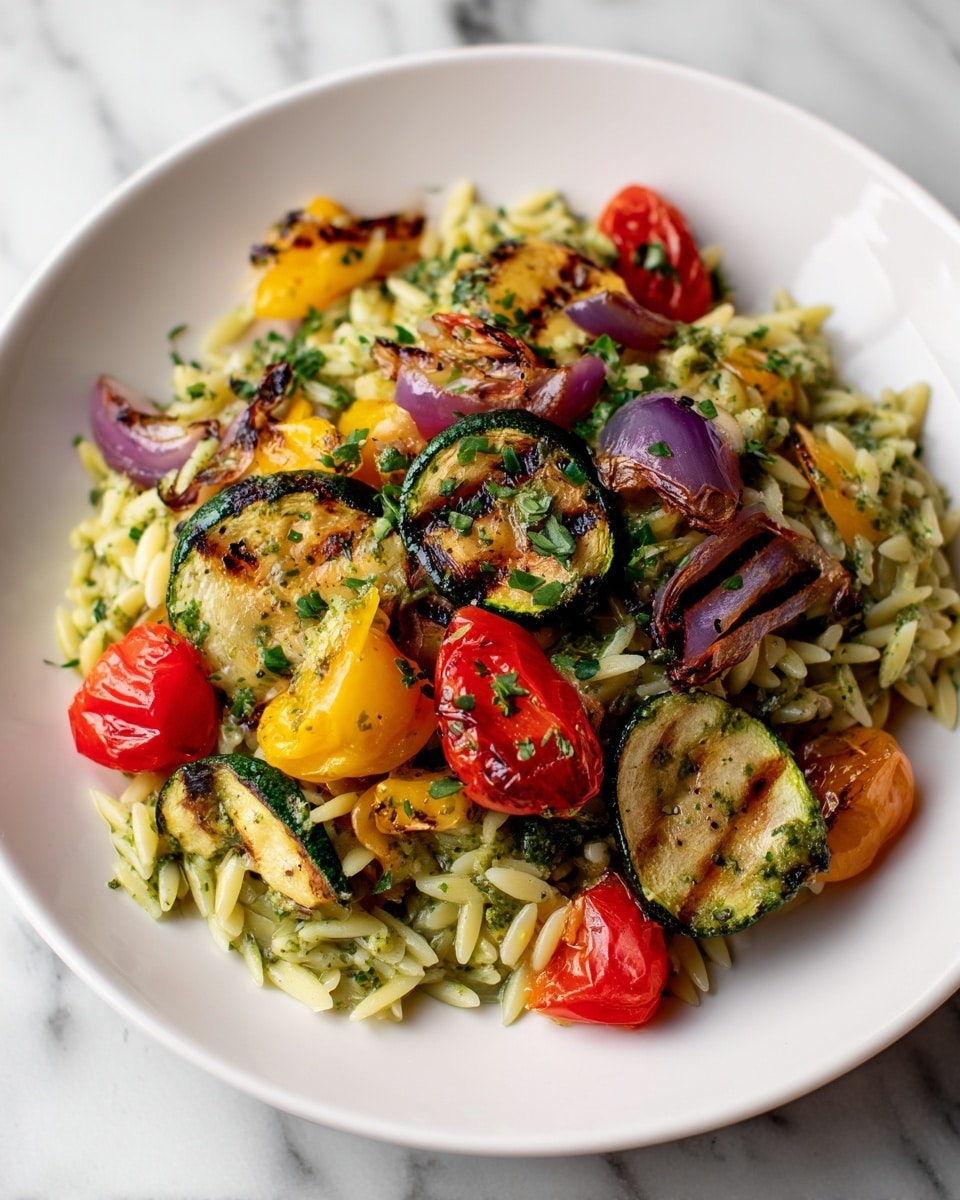 A white plate filled with one main layer of orzo pasta coated in a light green herb sauce, mixed with pieces of grilled zucchini slices with char marks, roasted red and yellow cherry tomatoes, and chunks of grilled and slightly charred red onion. The dish is garnished with small bits of fresh chopped green herbs scattered evenly on top, creating a colorful and textured look. The plate sits on a white marbled surface. photo taken with an iphone --ar 4:5 --v 7
