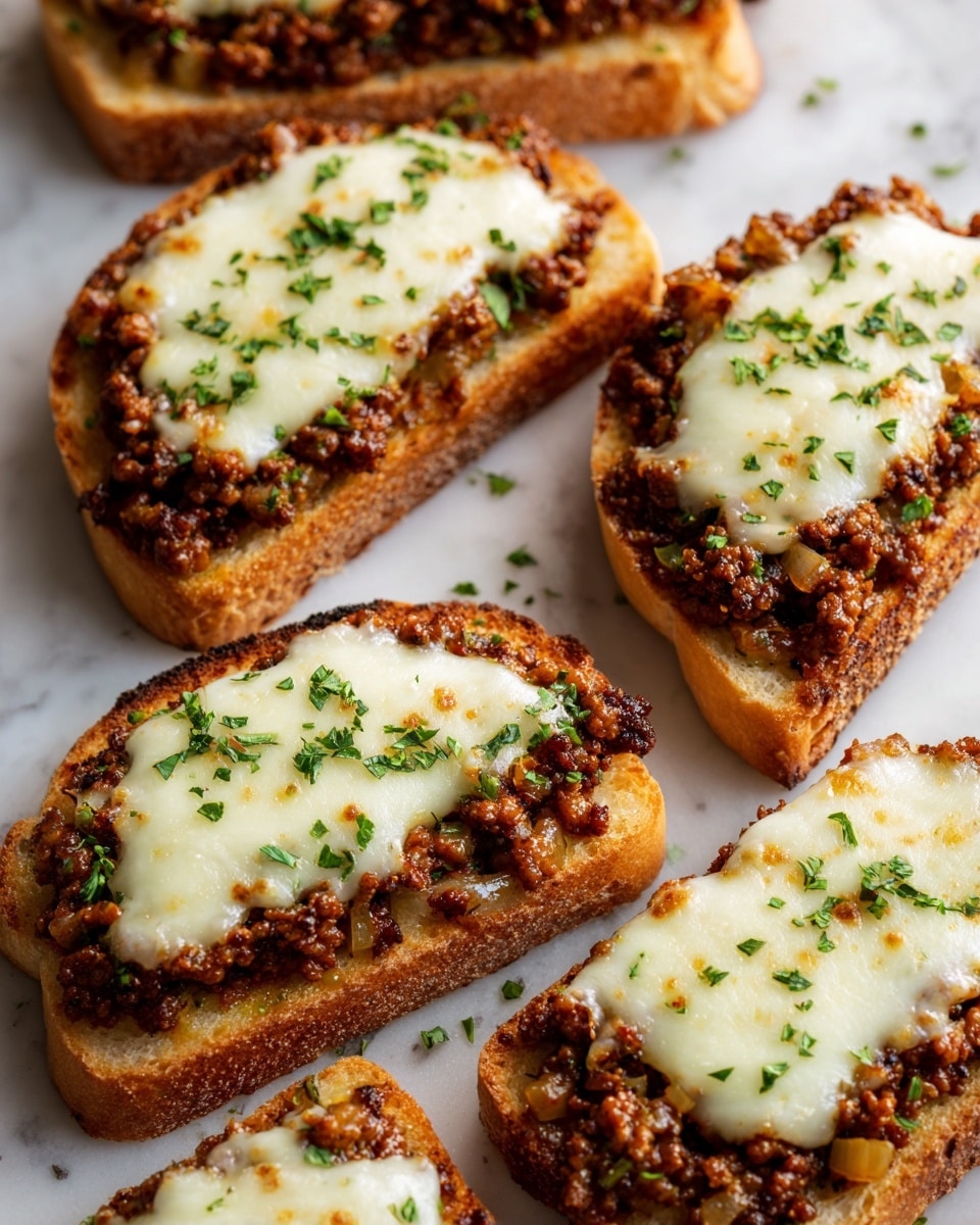 The image shows several toasted bread slices topped with a thick layer of cooked ground meat mixed with small pieces of vegetables, which is golden brown and slightly crispy at the edges. On top of the meat, there is a smooth layer of melted white cheese that stretches slightly and covers the entire surface, sprinkled with chopped green herbs. The bread has a warm, golden crust and looks soft inside. The toasted slices are close together on a white marbled surface, with a warm and inviting color tone. photo taken with an iphone --ar 4:5 --v 7