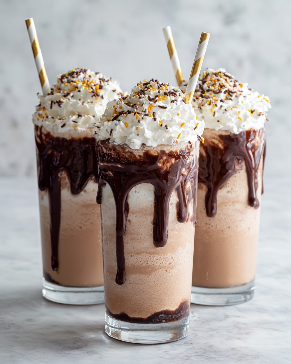 Three tall clear glasses are filled mostly with a smooth light brown milkshake base. On top of each glass is a thick layer of dark chocolate sauce that drips down unevenly in shiny thick drips. Above the chocolate layer is a generous swirl of white whipped cream, sprinkled with small brown and light tan shavings. Each glass has a white straw with diagonal gold stripes inserted into the whipped cream. The glasses sit in a row on a white marbled surface with scattered small chocolate shavings around. The background is softly blurred in white tones. photo taken with an iphone --ar 4:5 --v 7