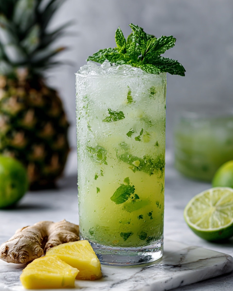 A tall clear glass filled with a pale green icy drink with small bubbles and ice cubes visible inside, topped with three fresh green mint leaves standing upright on the right edge. The glass is set on a white marbled surface with a small slice of pineapple at the bottom left, some fresh ginger in the background on the left, and a few halved limes on the right side. There is a blurred green drink container in the background on the right side of the image. Photo taken with an iphone --ar 4:5 --v 7
