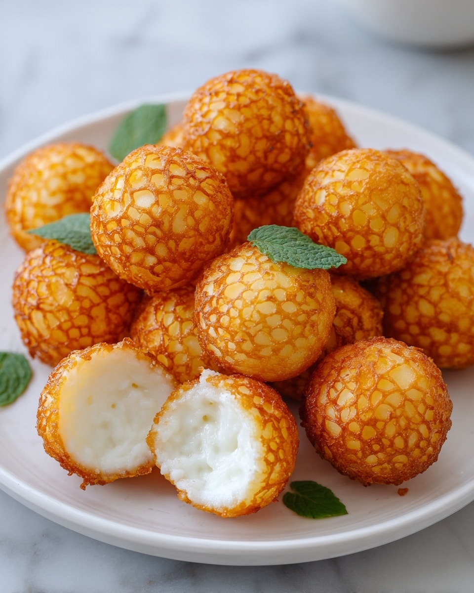 A white plate holds about fifteen small round balls with a crispy golden-brown crust and soft white creamy inside, two of the balls are split open in the front showing the smooth texture inside with a slightly fluffy look, some green small leaves are scattered as garnish, the plate is set on a white marbled surface with soft natural light highlighting the rich colors and textures on the balls. photo taken with an iphone --ar 4:5 --v 7