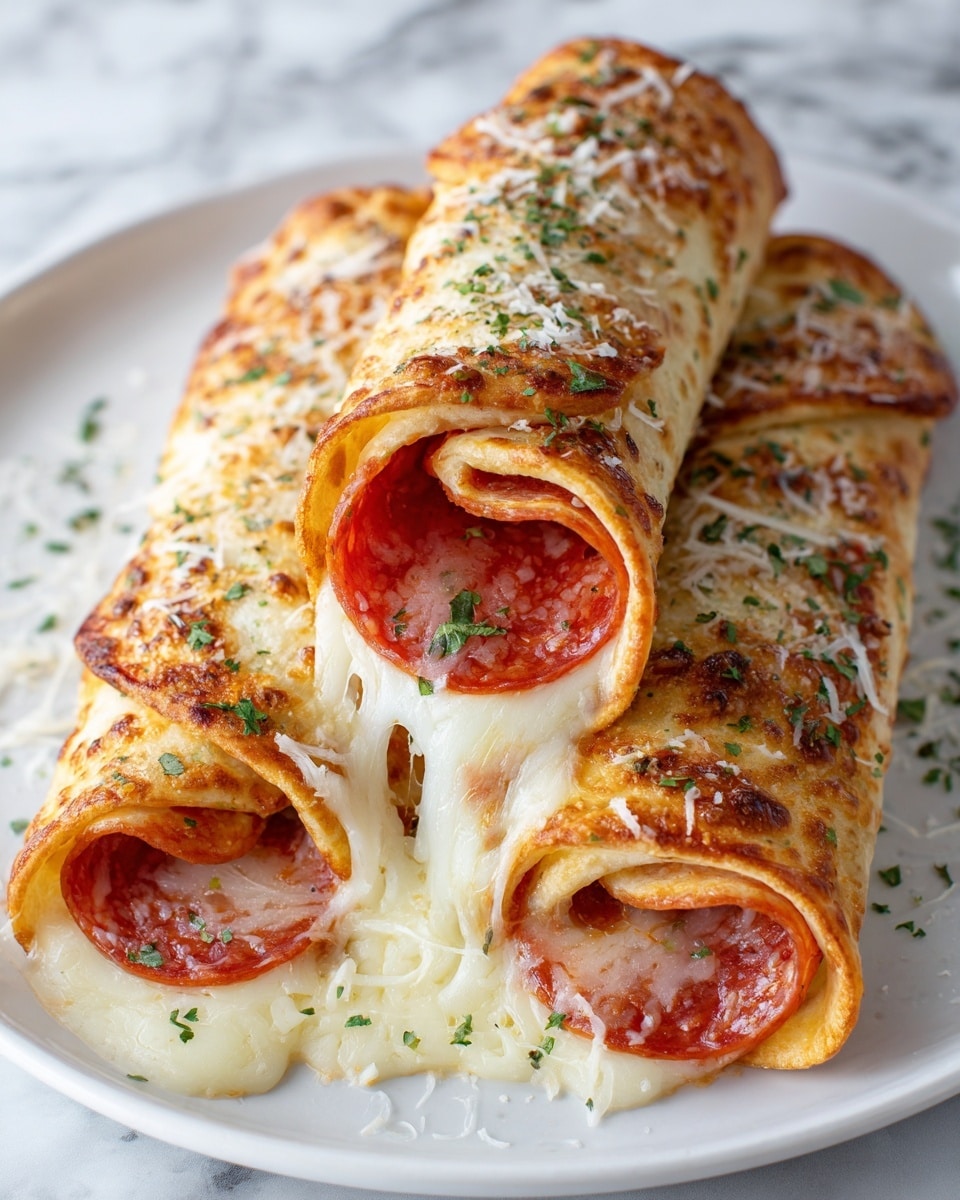 The image shows several rolled pizza pockets on a white plate, each with a golden brown, crispy crust covered with melted cheese and sprinkled with small green herb pieces and grated cheese on top. Inside the pockets, there are visible slices of red pepperoni and gooey white melted cheese stretching out from one of the rolls. The plate is placed on a white marbled surface, adding a clean and bright look to the presentation. photo taken with an iphone --ar 4:5 --v 7