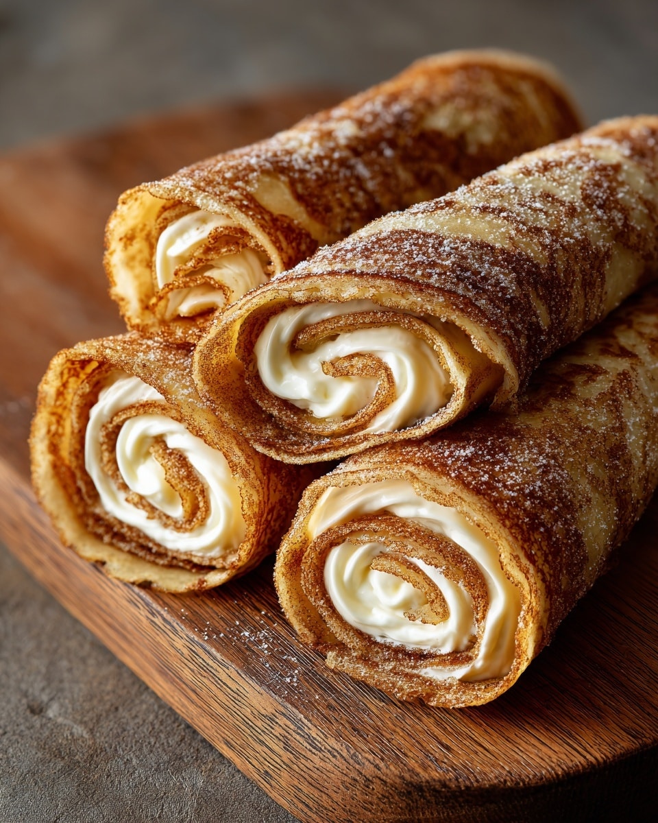 Three rolled crepes lie side by side on a wooden board. Each crepe is golden brown with a crispy textured surface dusted with cinnamon sugar. Inside, a visible swirl of creamy white filling curls evenly through the soft layers of the crepe. The rolls are tightly wrapped, showing distinct layers from the outer crispy edge to the smooth center. The background is softly blurred, focusing attention on the warm, inviting rolls. photo taken with an iphone --ar 4:5 --v 7