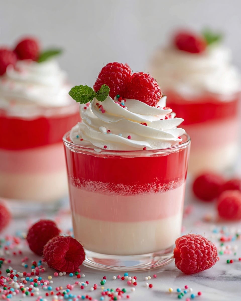 A clear glass holds a layered dessert with four visible layers starting with a bright red gelatin layer at the bottom, followed by a pale pink creamy layer, another bright red gelatin layer, and topped with white whipped cream. Fresh red raspberries and small green mint leaves decorate the top, adding a fresh look. Around the glass, whole raspberries and colorful tiny sprinkles are scattered on a white marbled surface. Multiple identical desserts are blurred in the background. photo taken with an iphone --ar 4:5 --v 7