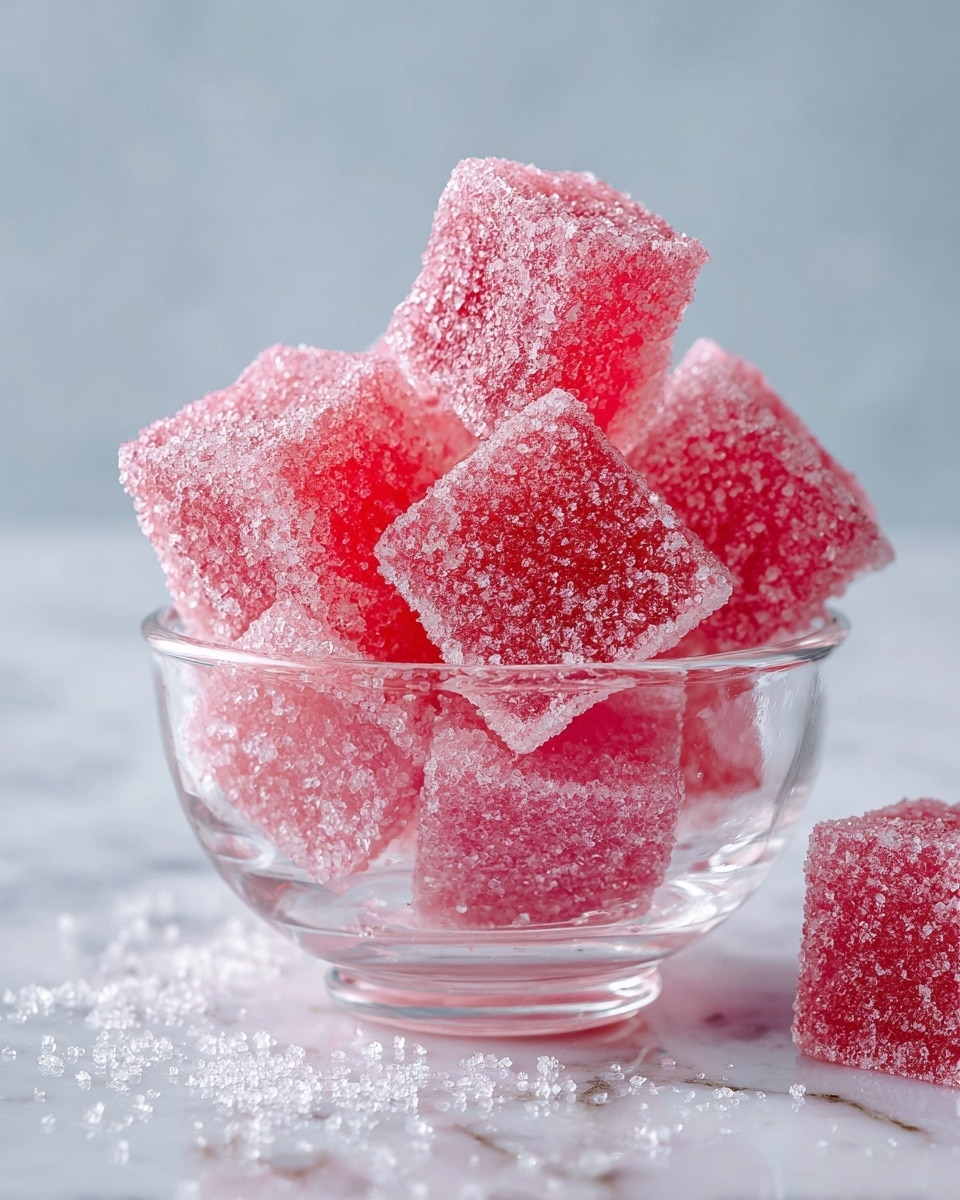 A clear glass bowl sits on a white marbled surface, filled with several pink sugar-coated jelly cubes. Each cube is translucent with a rough sugar layer outside, giving a sparkling texture. The cubes are neatly stacked on top of each other, showing slight variation in pink shades due to light reflection. Photo taken with an iphone --ar 4:5 --v 7