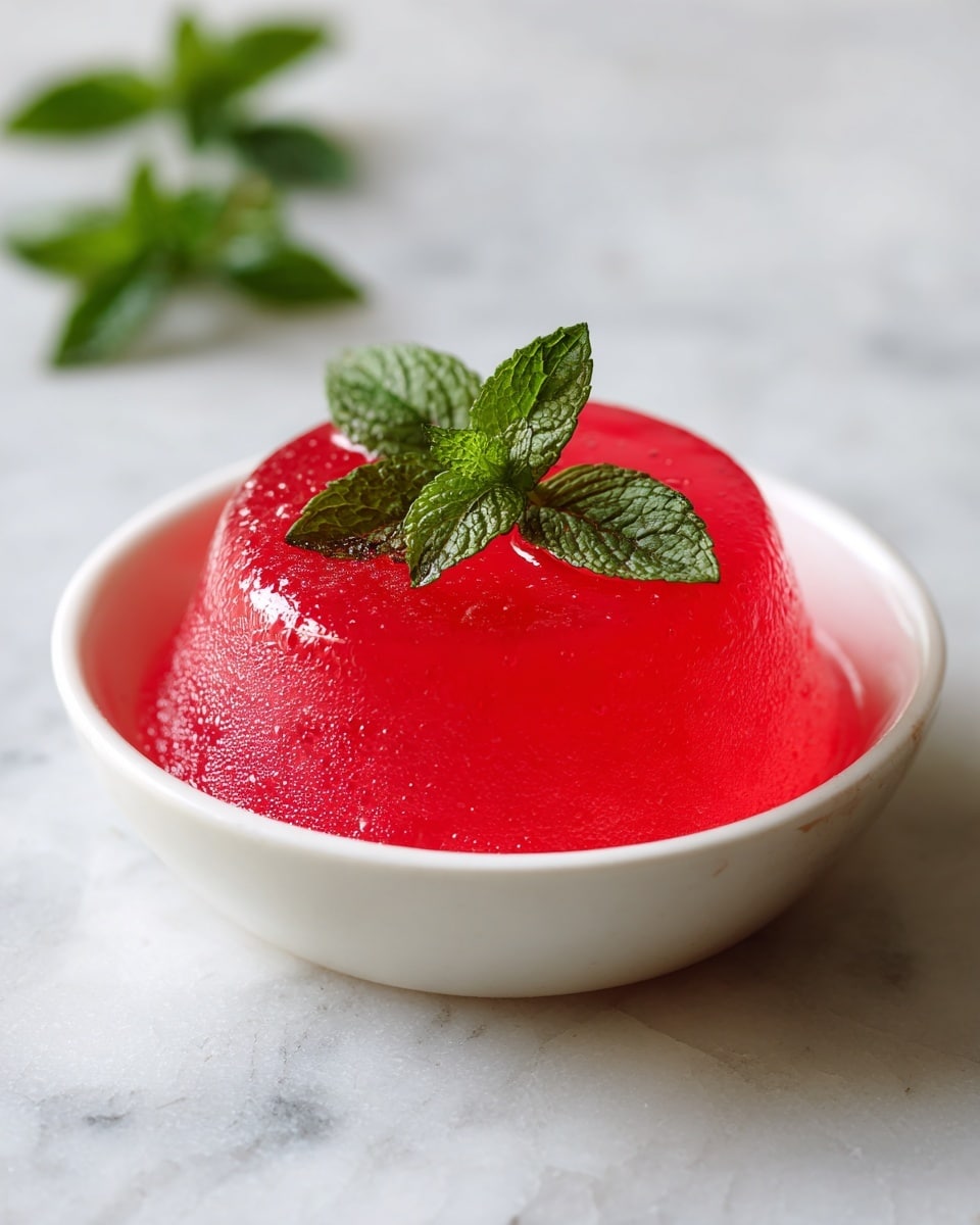 A small white bowl filled with a bright pink jelly-like dessert that looks smooth and slightly shiny on top. The jelly has a thick but soft texture, slightly rounded at the top, with small bubbles inside near the edges. On top of the jelly, three fresh green mint leaves are placed as decoration. The bowl sits on a white marbled surface with a few blurred green leaves in the background. Photo taken with an iphone --ar 4:5 --v 7