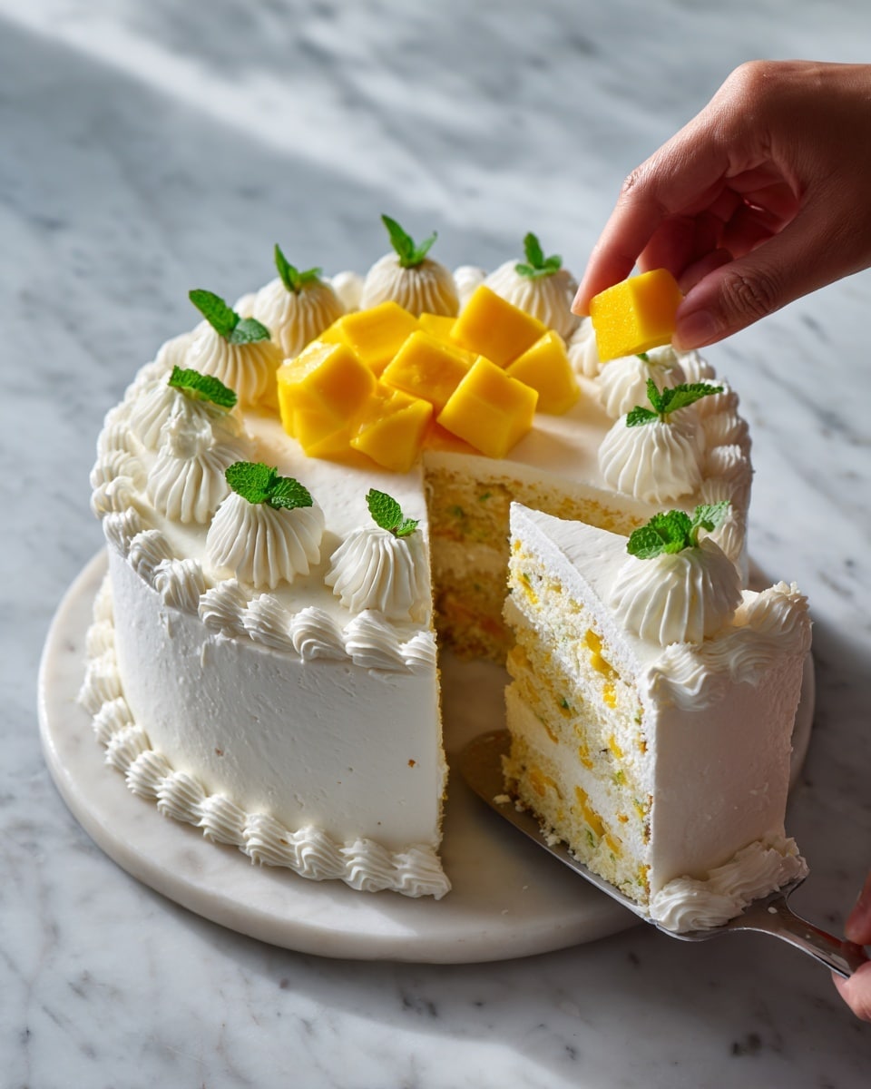 A three-layer round cake with smooth white frosting covering the outside sits on a white marble plate. The bottom layer has piped white whipped cream swirls around the base. The top of the cake is decorated with evenly spaced whipped cream dollops, each topped with fresh green mint leaves and bright yellow mango cubes. Inside, the cake reveals light yellow sponge cake layers filled with white cream and small mango pieces in the middle layer. A woman's hand is gently placing a mango cube on top of a slice being lifted from the cake with a silver cake server, all set against a white marbled surface. photo taken with an iphone --ar 4:5 --v 7