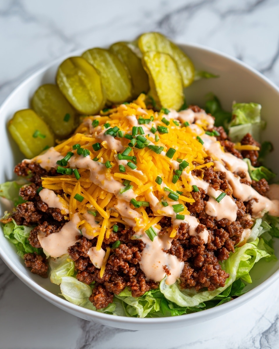 A bowl with a base layer of chopped light green lettuce, topped with a thick layer of cooked brown ground beef. Above the beef, there is a mound of shredded orange cheddar cheese with a few small green chive pieces sprinkled all over. Drizzled in rows across the cheese and beef is a light pink sauce. On top of the cheese, there are several round green pickle slices arranged in a small stack. The bowl is placed on a wooden surface with a white marbled texture in the background. photo taken with an iphone --ar 4:5 --v 7