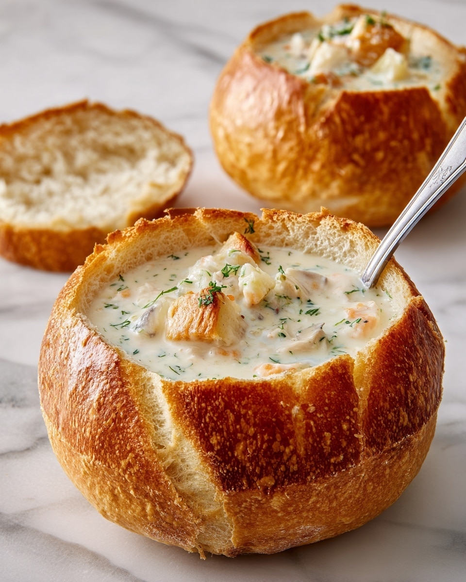 The image shows two hollow white bread bowls with a golden-brown crust, one filled with creamy, white clam chowder containing visible chunks of potatoes and clams, and a silver spoon inside; the other bread bowl is empty with the removed top placed nearby, all set on a white marbled surface. Photo taken with an iphone --ar 4:5 --v 7