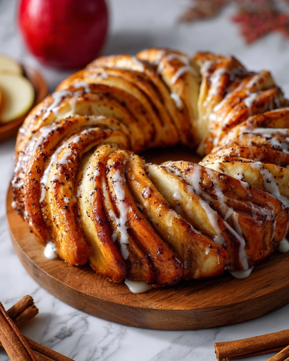 A twisted ring-shaped pastry with multiple golden brown layers twisted evenly around, showing a rich glossy coating with dark cinnamon specks and a thin drip of white icing on top. The pastry rests on a round wooden board placed on a white marbled texture. In the blurry background, there are a red apple, cinnamon sticks, and some apple slices. photo taken with an iphone --ar 4:5 --v 7