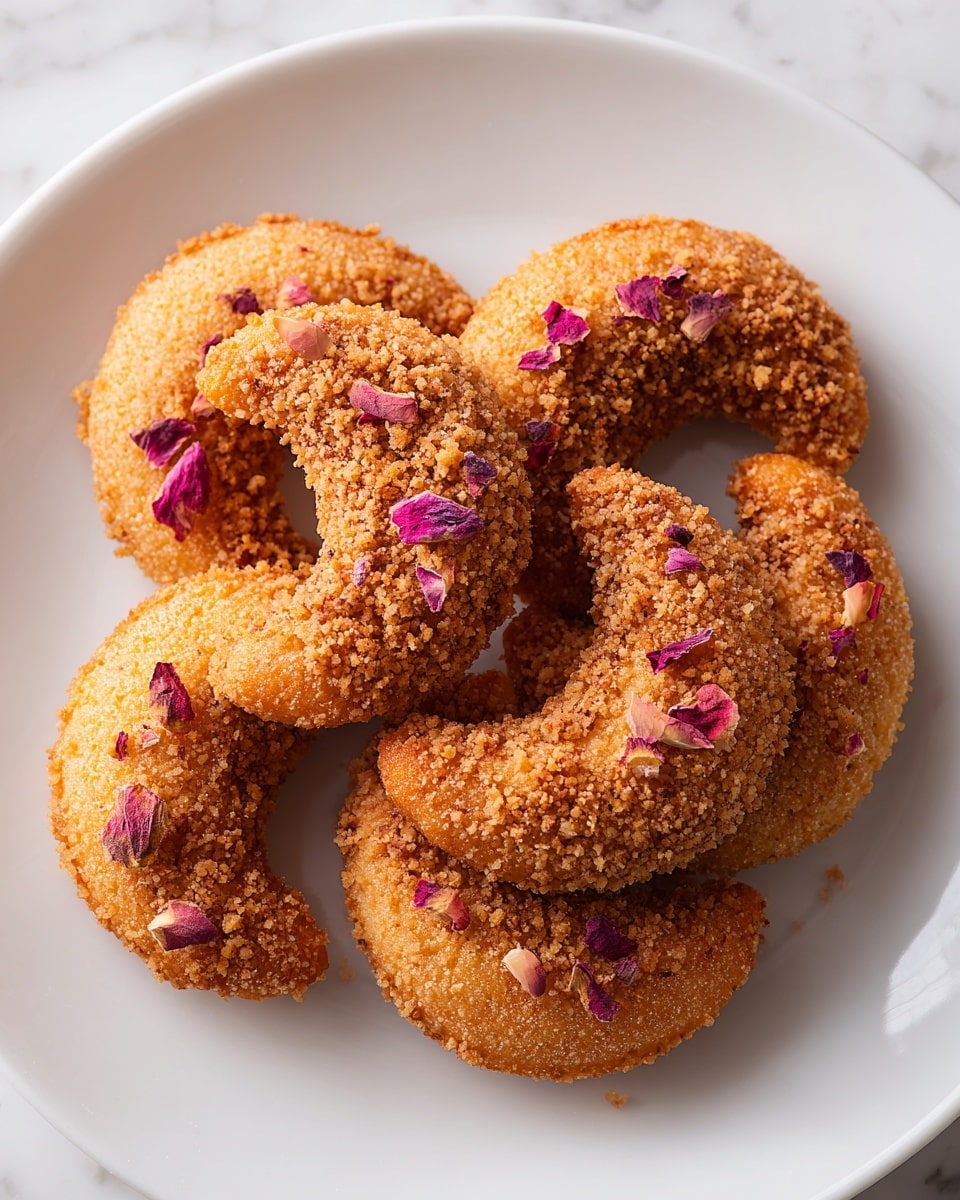 The image shows a close view of multiple crescent-shaped pastries arranged on a white plate, each pastry has a golden brown, shiny surface with a smooth texture, and is coated on one side with light brown crushed nuts, adding a crunchy texture. Some pastries are sprinkled with tiny pink rose petal flakes that contrast with the golden color. The pastries are stacked closely, filling the plate completely with no visible gaps. The background features a white marbled texture. photo taken with an iphone --ar 4:5 --v 7