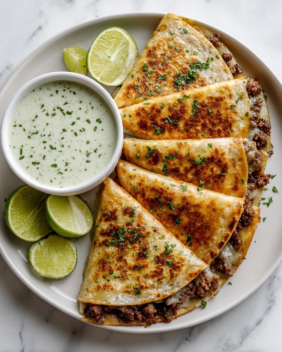 A white round plate holds four folded, golden brown quesadillas arranged in a slight row, each showing a textured outer tortilla with melted cheese and browned ground meat filling peeking out from the middle; they are sprinkled lightly with chopped green herbs. On the left side of the plate, there is a small white bowl filled with a creamy pale green sauce that has a slightly chunky texture. Around the bowl, there are four lime halves placed on the white marbled surface, adding bright green contrast to the dish. Photo taken with an iphone --ar 4:5 --v 7
