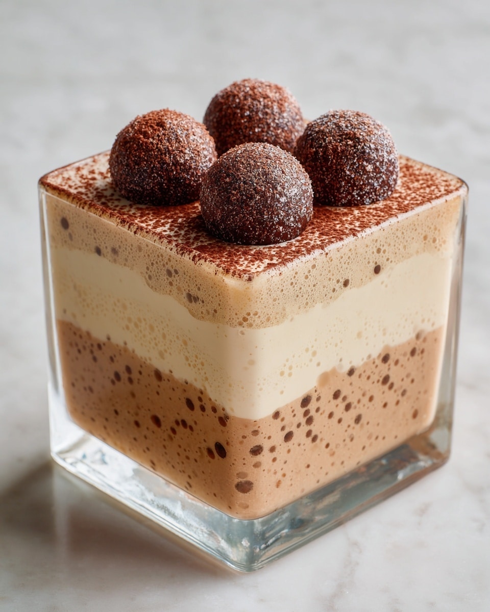 The image shows a clear square glass dish filled with a three-layer dessert. The bottom and top layers are light brown with a bubbly, creamy texture, while the middle layer is smooth and pale cream-colored. The top is decorated with round, shiny chocolate pieces and dusted with a fine layer of cocoa powder. The dish sits on a white marbled surface. photo taken with an iphone --ar 4:5 --v 7