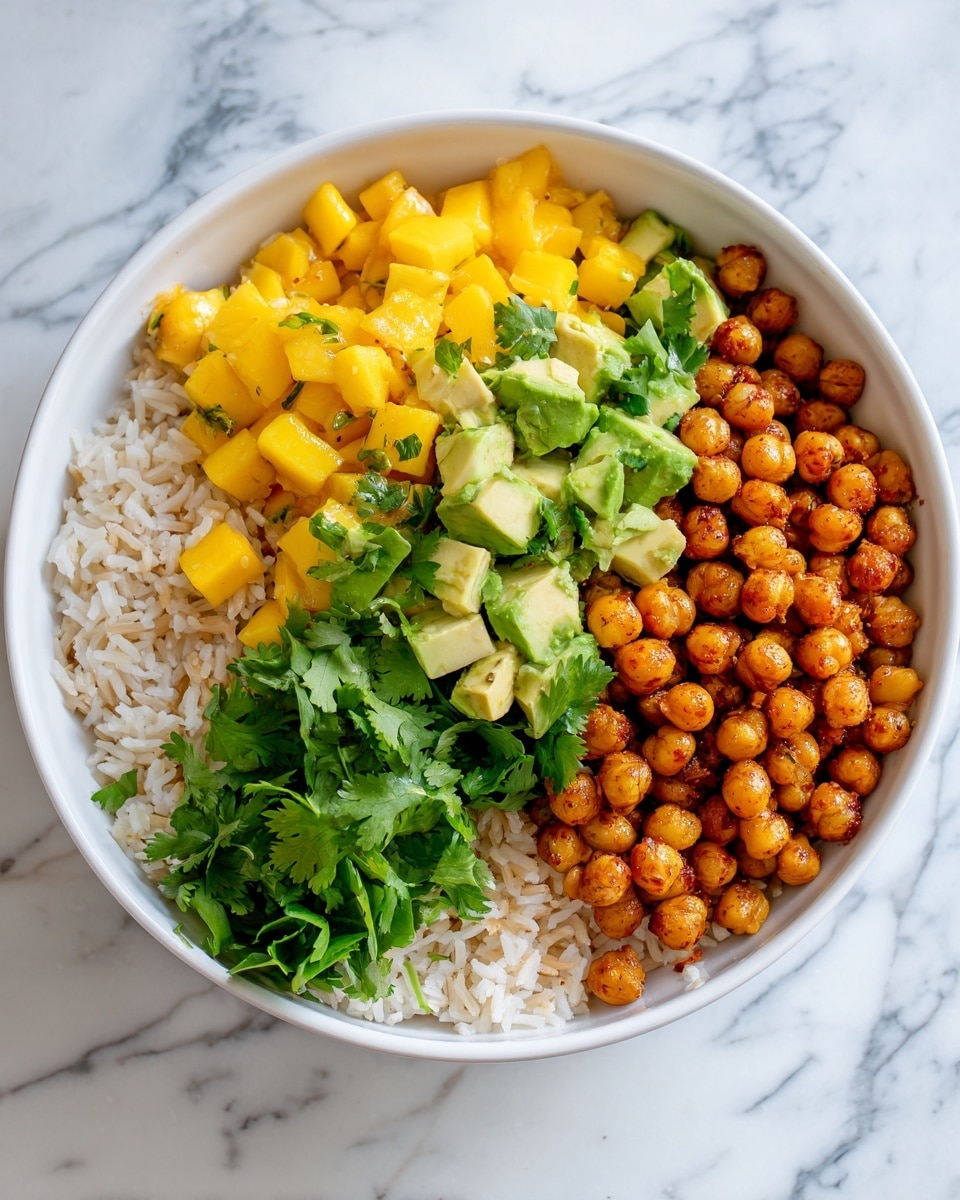 A white bowl filled with a layered dish starting with a base of white rice, topped with roasted chickpeas that are golden brown and round. Scattered over the chickpeas are chunks of bright yellow mango and small pieces of avocado with a light green creamy texture. Fresh green cilantro leaves are sprinkled over the top, adding contrast to the colors. The bowl is set on a white marbled surface. Photo taken with an iphone --ar 4:5 --v 7