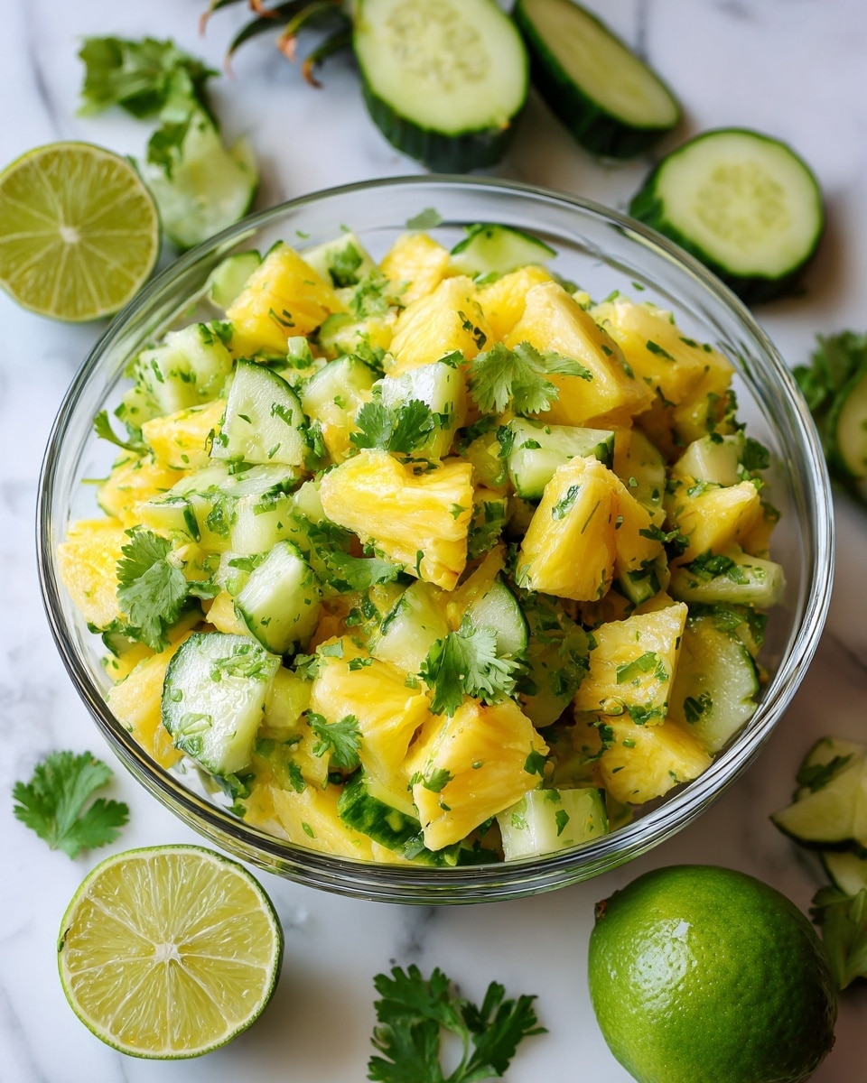 A clear glass bowl holds a fresh pineapple cucumber salad with two main layered ingredients: bright yellow pineapple chunks and green cucumber pieces with white centers, cut into thick rectangular shapes. Small bright green cilantro leaves are scattered throughout the salad, adding texture and color contrast. Surrounding the bowl, there are whole and sliced limes with a shiny green peel and light green inside, along with a pineapple and bunches of cilantro placed on a white marbled surface. photo taken with an iphone --ar 4:5 --v 7