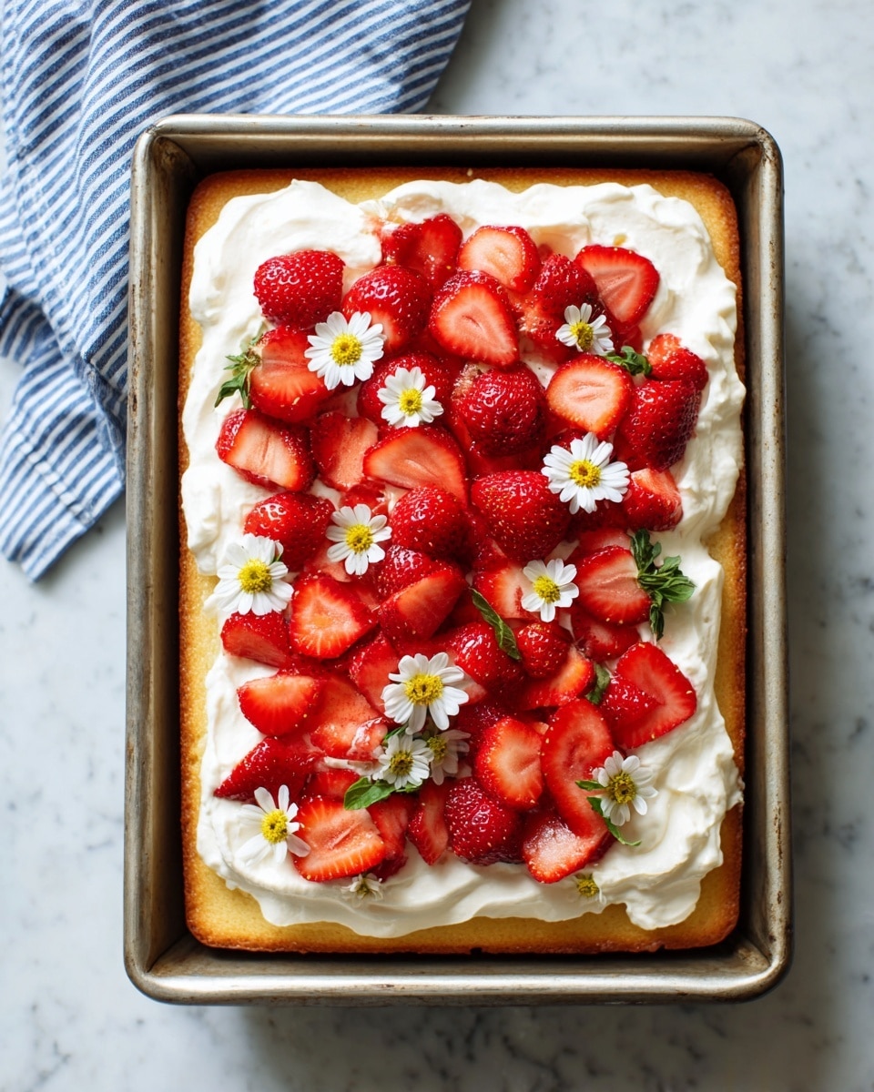 A rectangular cake with three visible layers is shown on a white marbled textured surface. The bottom layer is a golden-brown cake base with a soft, slightly crumbly texture, filling the silver baking tray. On top, a thick, even layer of fluffy white whipped cream is spread, covering most of the cake base but leaving a small border of cake visible at the edges. The final layer consists of many bright red sliced strawberries, scattered generously across the whipped cream, some pieces glistening with a juicy sheen. Small white daisy flowers with yellow centers are carefully placed on the strawberries, adding a delicate decorative touch. Photo taken with an iphone --ar 4:5 --v 7