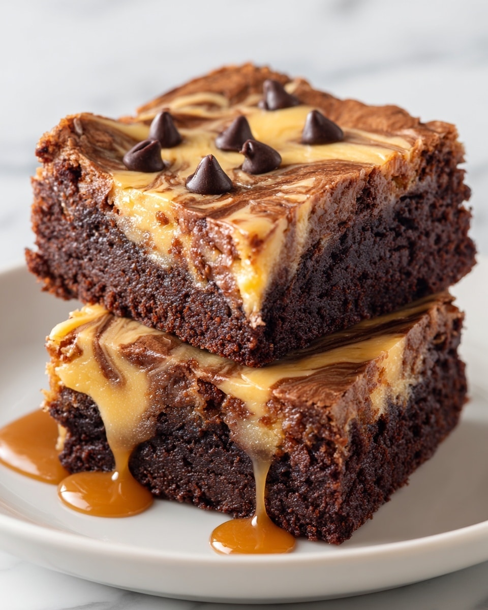 Two thick brownie squares sit on a white plate with a white marbled texture background. Each brownie has two visible layers: the bottom layer is dark, rich, and moist chocolate, while the top layer swirls with light brown caramel, mixed in with the chocolate batter. Small dark chocolate chips are scattered on top, and caramel sauce drips down the side of the front brownie, pooling slightly on the plate. The texture looks soft and gooey with a slight crack on the brownie top. photo taken with an iphone --ar 4:5 --v 7