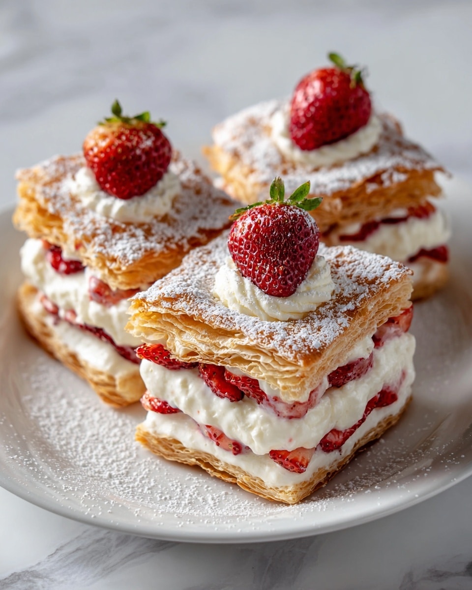 Three square-shaped strawberry cream pastries are arranged on a white plate placed on a white marbled surface. Each pastry has three layers: the top and bottom layers are golden brown puff pastry with a flaky texture, and the middle layer is thick white cream mixed with sliced red strawberries. A whole strawberry dusted with powdered sugar sits on top of each pastry, and powdered sugar is also lightly sprinkled over the puff pastry on the surface. The overall look is fresh and inviting. Photo taken with an iphone --ar 4:5 --v 7