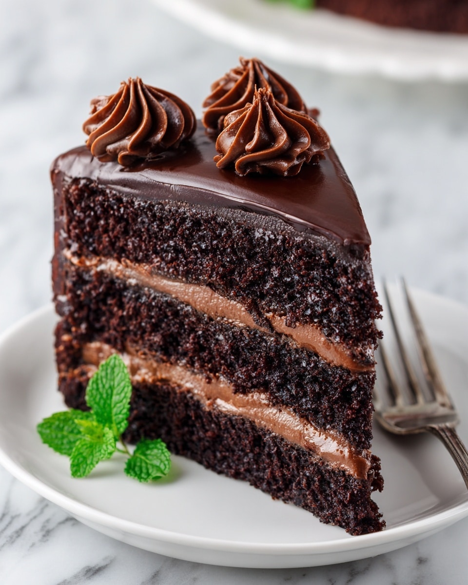 A slice of three-layer chocolate cake sits on a white plate with a silver fork beside it; each layer of rich, dark chocolate sponge is separated by smooth, medium-brown chocolate frosting, topped with a glossy, thick chocolate ganache layer and two rosettes of piped frosting on the top edge; a small green mint leaf is placed beside the cake on the plate, all set on a white marbled textured surface in soft lighting. photo taken with an iphone --ar 4:5 --v 7