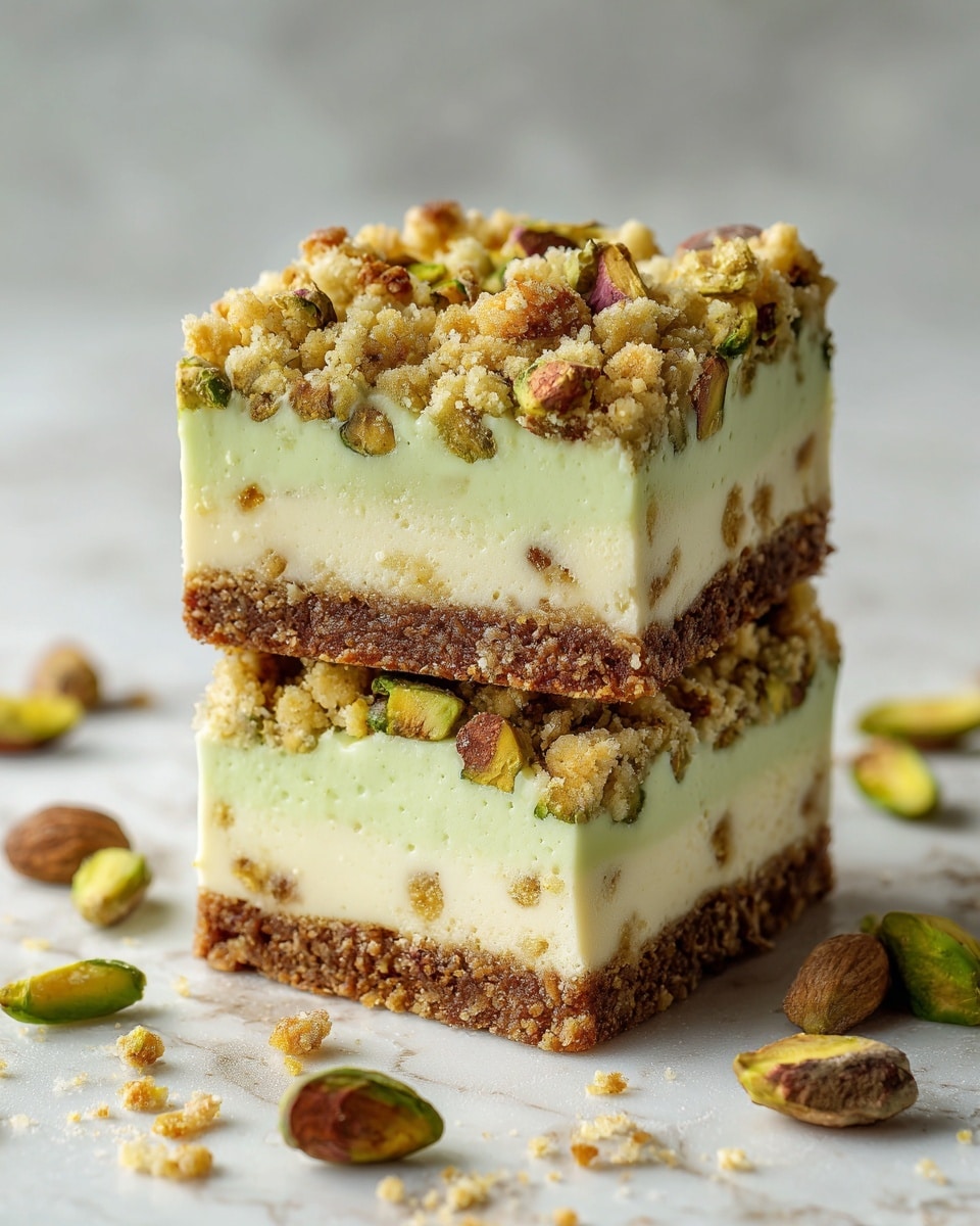 The image shows two square pistachio dessert bars stacked on top of each other on a white marbled surface. Each bar has three layers: the bottom layer is a thick, crumbly brown crust with small green pistachio pieces mixed in; the middle layer is a smooth, pale green pistachio cream filling decorated with small chunks of pistachio; the top layer is a crumbly streusel in light golden brown color, sprinkled with pieces of chopped pistachios. Some pistachio nuts and crumbs are scattered around the dessert on the surface, adding a natural touch. The photo taken with an iphone --ar 4:5 --v 7
