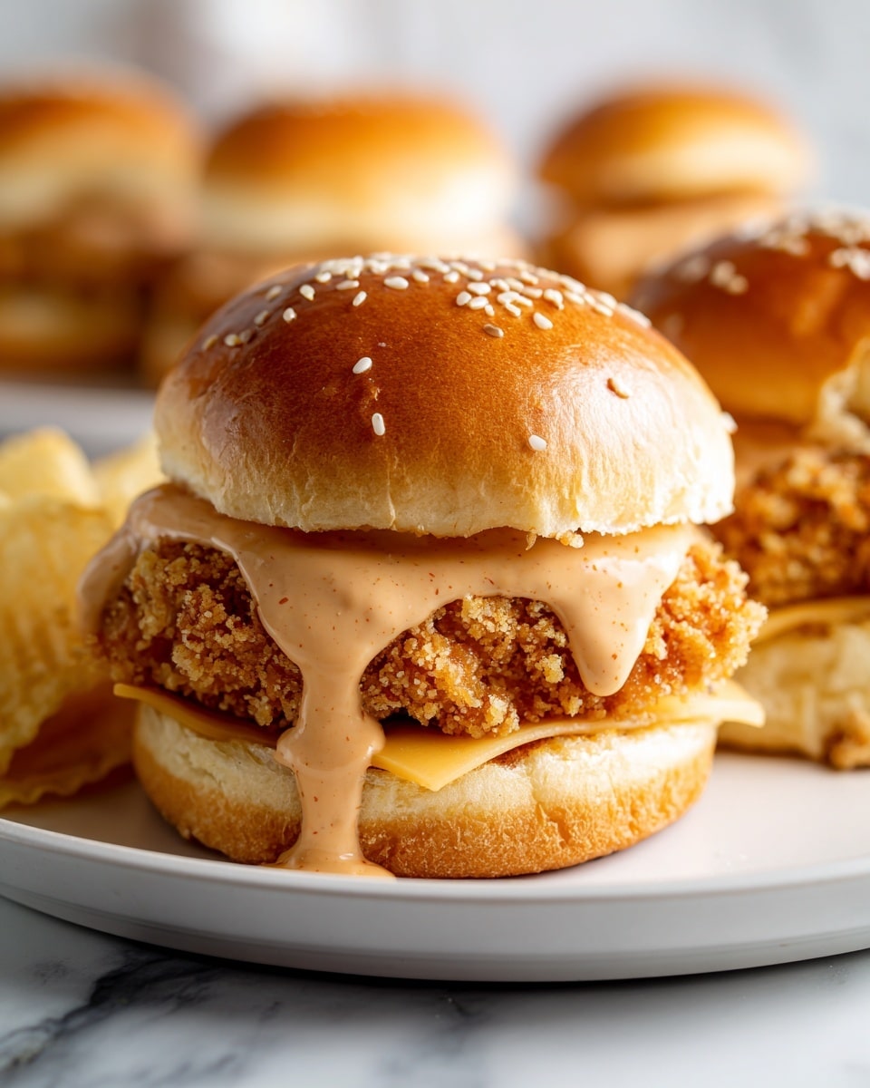 The image shows a close-up of a small sandwich with three main layers inside a soft sesame seed bun. The bottom bun is light brown and slightly toasted. On top of this is a slice of white melted cheese that covers a crispy, golden brown fried chicken patty with a crunchy texture. Over the chicken piece, there is a generous amount of creamy, light orange sauce with visible specks, dripping down the sides. The sandwich is crowned by the top bun, also golden brown and sprinkled with sesame seeds. The background has a white marbled texture, and some potato chips are visible nearby. photo taken with an iphone --ar 4:5 --v 7
