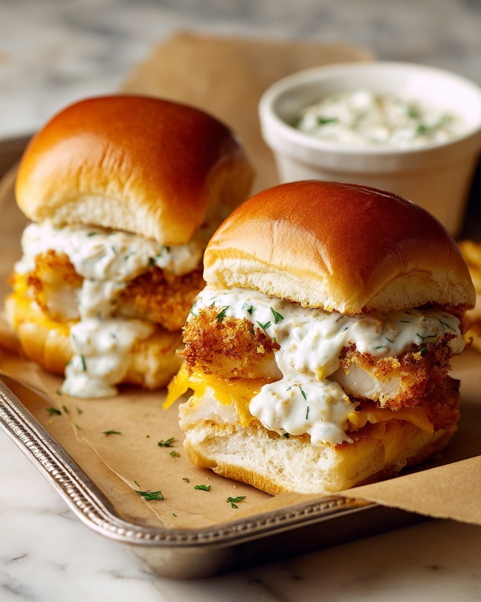 Two fish sandwiches sit on brown paper over a metal rack on a white marbled textured surface. Each sandwich has three visible layers: a shiny golden brown top bun, a thick piece of crispy fried fish with a golden crust in the middle, and a creamy white sauce with green herbs spread over the fish, some of which oozes out. The bottom bun is lightly toasted and golden. Behind the sandwiches is a small white bowl filled with the same creamy sauce. photo taken with an iphone --ar 4:5 --v 7