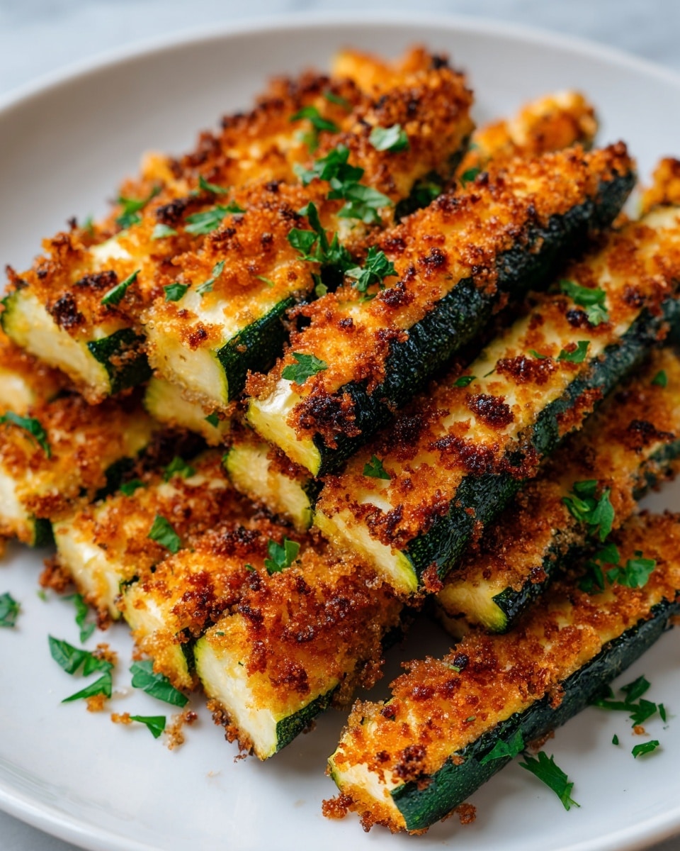 The image shows a white plate with a stack of golden-brown breaded zucchini sticks arranged in two layers. Each zucchini stick is cut lengthwise, with a green outer skin and a soft pale yellow interior, covered in a crispy, crunchy coating of toasted breadcrumbs mixed with tiny green herb flakes. The breadcrumb topping is unevenly browned, giving a textured look with some parts darker and caramelized while others are lighter with a sprinkling of grated white cheese on top for added texture and color. Small bits of chopped green herbs are scattered over the zucchini and on the plate, enhancing the fresh, baked appearance. The background features a white marbled surface. photo taken with an iphone --ar 4:5 --v 7