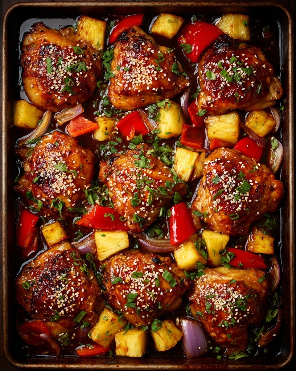 This image shows a metal baking tray filled with glossy, golden-brown chicken pieces that look grilled or roasted, seasoned with sesame seeds and green herb bits on top. Around the chicken pieces are colorful chunks of yellow pineapple, red bell peppers, and purple onion, with small green leaves scattered over everything. The chicken pieces have a slight char and shiny texture, while the vegetables are vibrant and juicy, creating a lively mix of colors and textures. The baking tray is placed on a white marbled texture. photo taken with an iphone --ar 4:5 --v 7