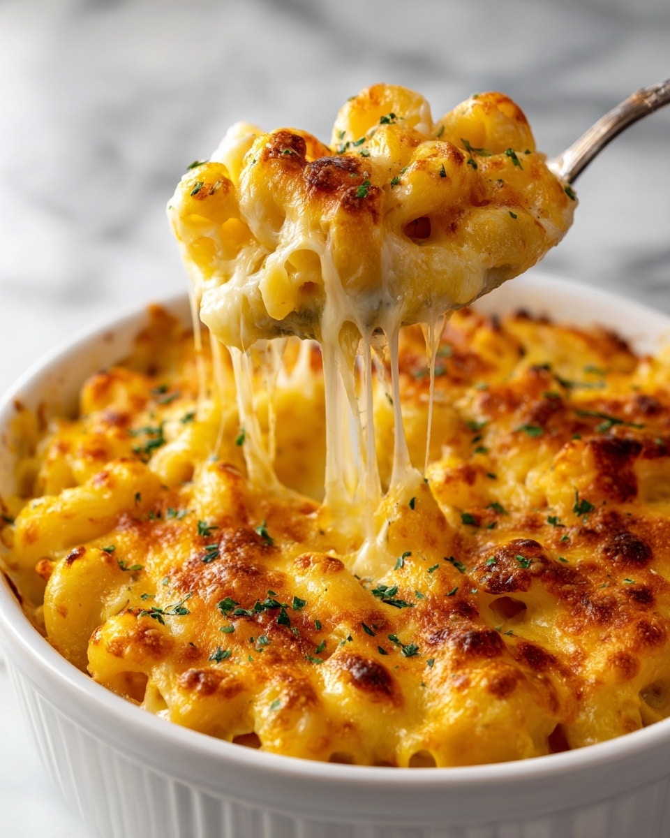 A close-up of a skillet filled with mac and cheese, showing gooey melted cheese stretching from the pasta as a spoon lifts a portion. The dish has a top layer of golden-brown baked cheese with small spots of fresh green herbs scattered on top. The cheesy sauce underneath is creamy and thick, coating the small tube-shaped pasta with smooth, rich texture. The skillet sits on a white marbled surface. photo taken with an iphone --ar 4:5 --v 7