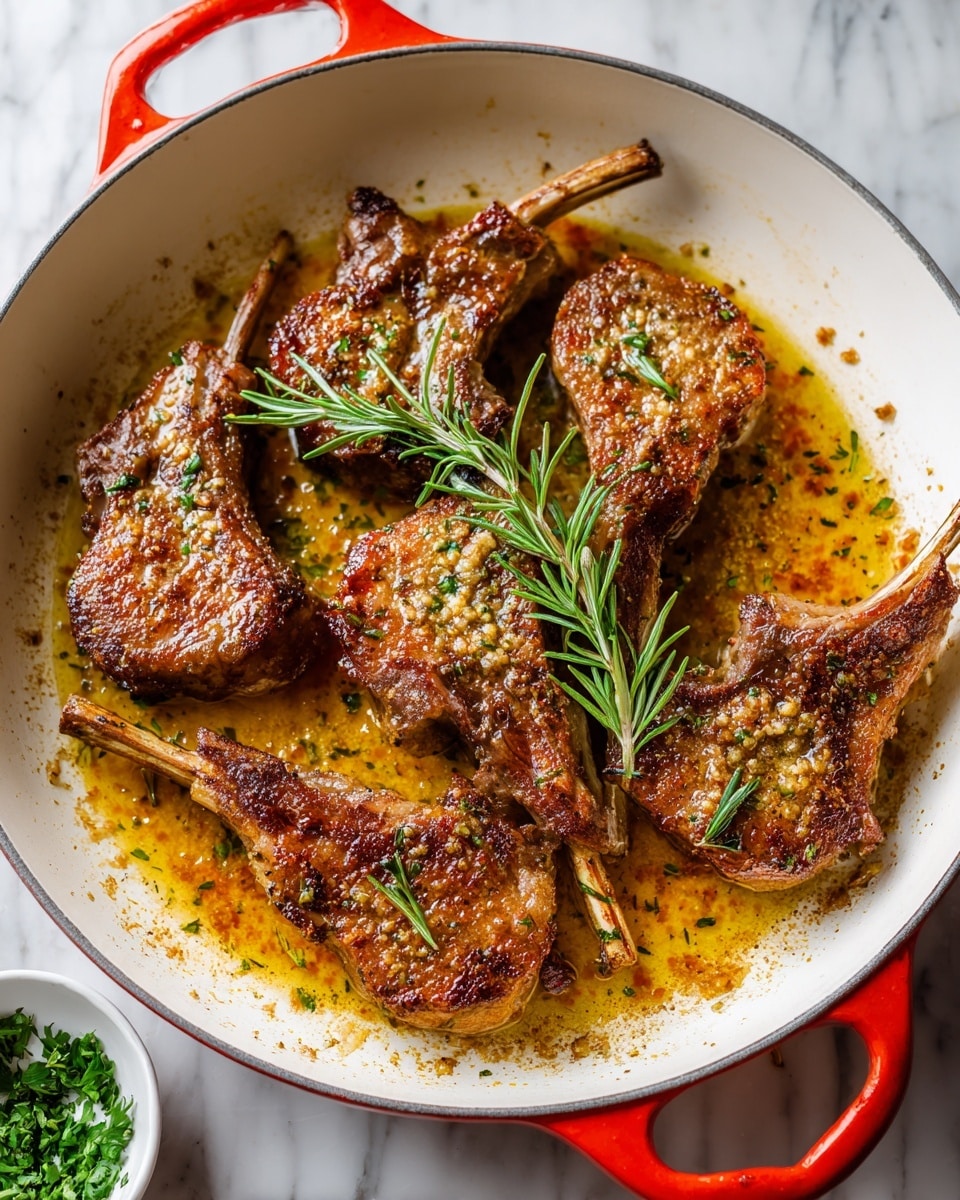 The image shows a white enameled pan with a bright red outer edge, filled with six cooked lamb chops. Each lamb chop has a browned, crispy surface with visible seasoning and small bits of garlic, sitting in a golden-brown sauce with herbs and oil that cover the bottom of the pan. Two fresh green rosemary sprigs rest on top of the meat and sauce for garnish. The pan is placed on a white marbled surface, and in the bottom left corner, there is a partial view of a small white bowl filled with chopped green herbs. Photo taken with an iphone --ar 4:5 --v 7