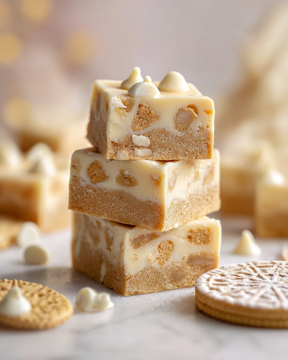 A close-up view of a stack of three square-shaped bars with a creamy, pale yellow base studded with small pieces of light tan cookie crumbs throughout. Each bar is thick with a smooth and dense texture, showing irregular cookie bits embedded inside. Small white chocolate chips are visible near the edges of the middle bar. The background features more blurred bars and a round, white cookie with a patterned surface at the bottom right, all placed on a white marbled surface. The overall look is soft and rich with a light, warm color palette. photo taken with an iphone --ar 4:5 --v 7