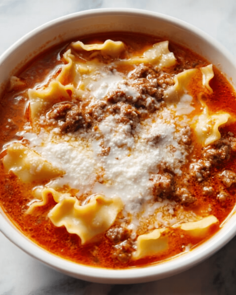A white bowl sits on a white marbled surface, filled with a rich, thick soup that has visible layers of soft egg noodles on the bottom, a mix of browned ground meat scattered evenly throughout, and a tomato-based broth covering everything with a deep red-orange color. On top, melted cheese spreads in a thin, slightly bubbly layer, with a small sprinkle of grated white cheese or parmesan in the center, adding a touch of creamy texture. The dish looks warm and comforting, with the noodles and meat peeking through the sauce. Photo taken with an iphone --ar 4:5 --v 7