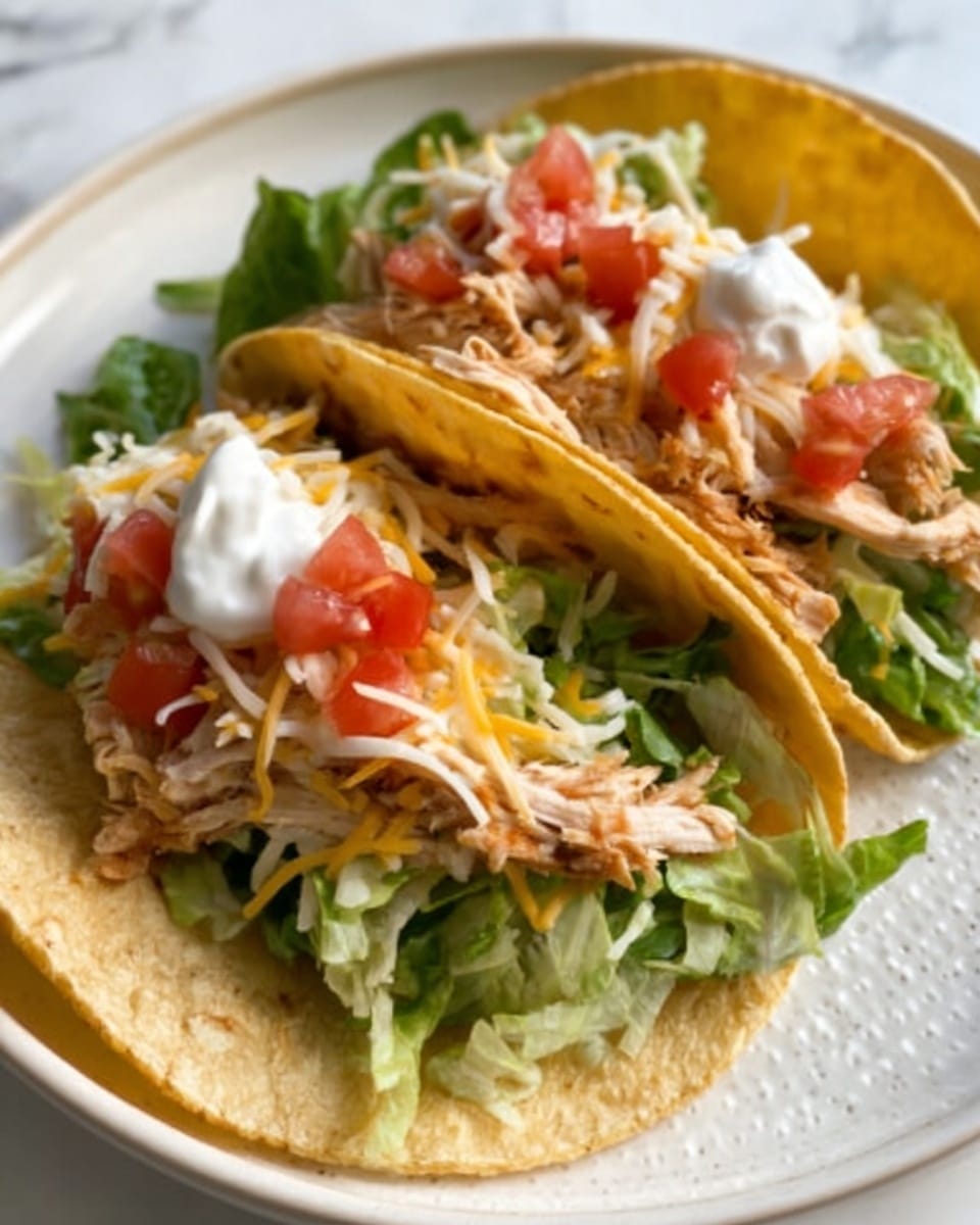 Two soft corn tortillas lie side by side on a white plate. Each tortilla holds a few layers: a base of shredded green lettuce, topped with chunks of red tomatoes, then a generous portion of shredded white chicken. On top of the chicken is shredded white cheese, and a small dollop of sour cream sits on one of the tacos. The colors are vibrant with green, red, white, and light yellow against the textured white plate, all set on a white marbled surface. Photo taken with an iphone --ar 4:5 --v 7