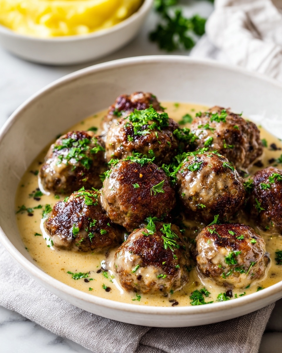 A close-up view of a white bowl filled with round, browned meatballs covered in a creamy beige sauce that has visible specks of black pepper, garnished with finely chopped bright green herbs scattered over the top. The bowl sits on a white marbled surface with a white cloth napkin underneath. In the blurred background, there is a white bowl with yellow food. photo taken with an iphone --ar 4:5 --v 7