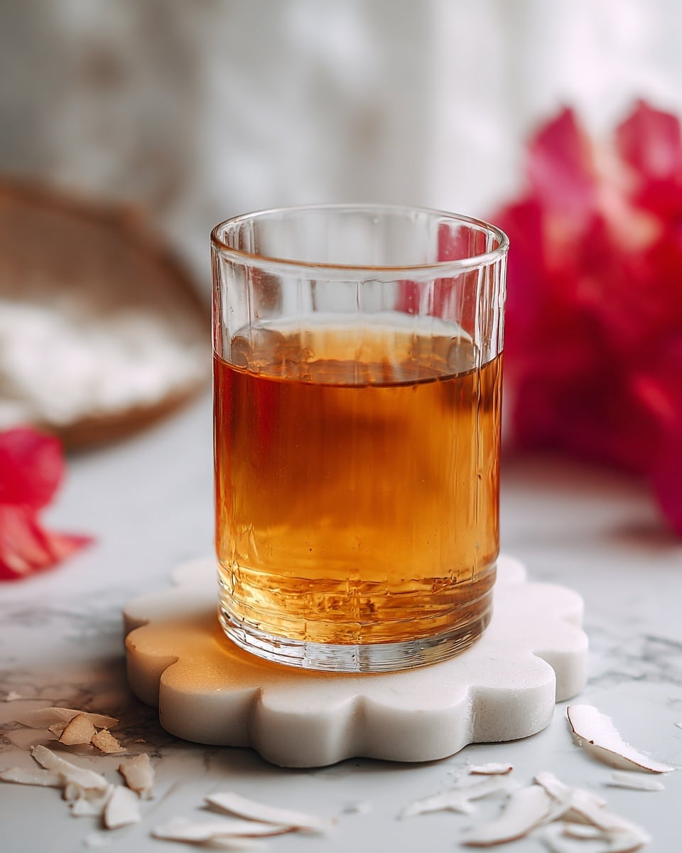 A clear, tall glass filled nearly to the top with a light amber liquid sits on a white scalloped marble coaster. Around the glass, there are scattered thin white coconut strips on a white marbled surface. The background is bright white with an out-of-focus red flower adding a splash of color to the upper left corner. The glass shows some soft reflections and light plays on its smooth surface, emphasizing the warm golden drink inside. photo taken with an iphone --ar 4:5 --v 7