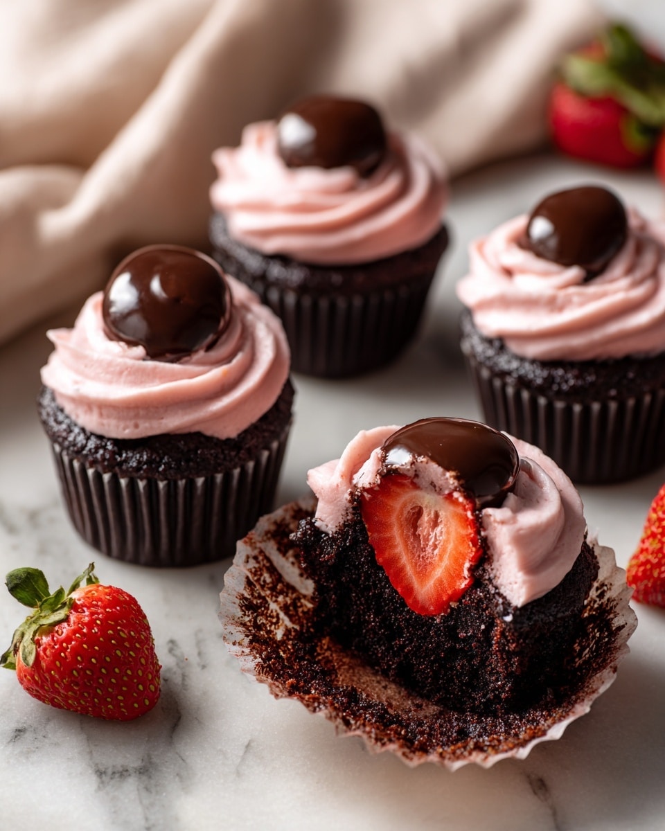 Four chocolate cupcakes with dark brown bases wrapped in ridged paper liners are arranged on a white marbled surface. Each cupcake has a swirl of light pink frosting on top, smooth and creamy in texture, with a glossy, rich dark chocolate dollop at the center of the frosting. One cupcake is partially eaten, showing a moist, crumbly chocolate interior and a fresh red strawberry half sitting inside the frosting. Around the cupcakes, whole bright red strawberries with green leaves add color in the blurred background. A soft beige cloth is casually placed by one side. Photo taken with an iphone --ar 4:5 --v 7