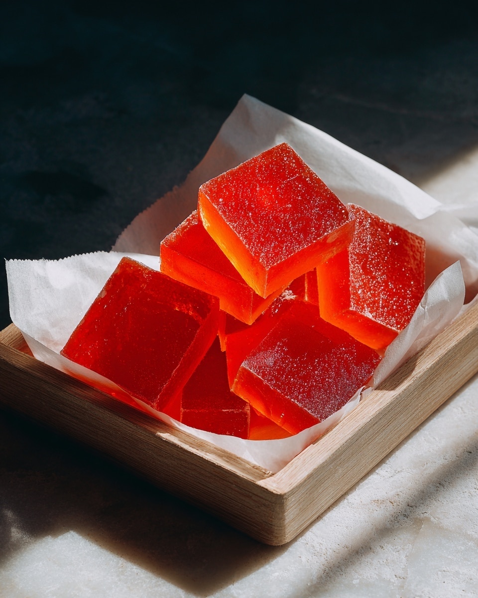 A pile of bright orange, translucent gummy squares with a slightly frosted surface is placed inside a white paper-lined wooden tray. The gummies are stacked unevenly in two or three layers, catching light that makes them look shiny and juicy. The tray sits on a white marbled textured surface with a strong shadow cast to one side, while the background is dark, making the vivid orange color stand out more. Photo taken with an iphone --ar 4:5 --v 7