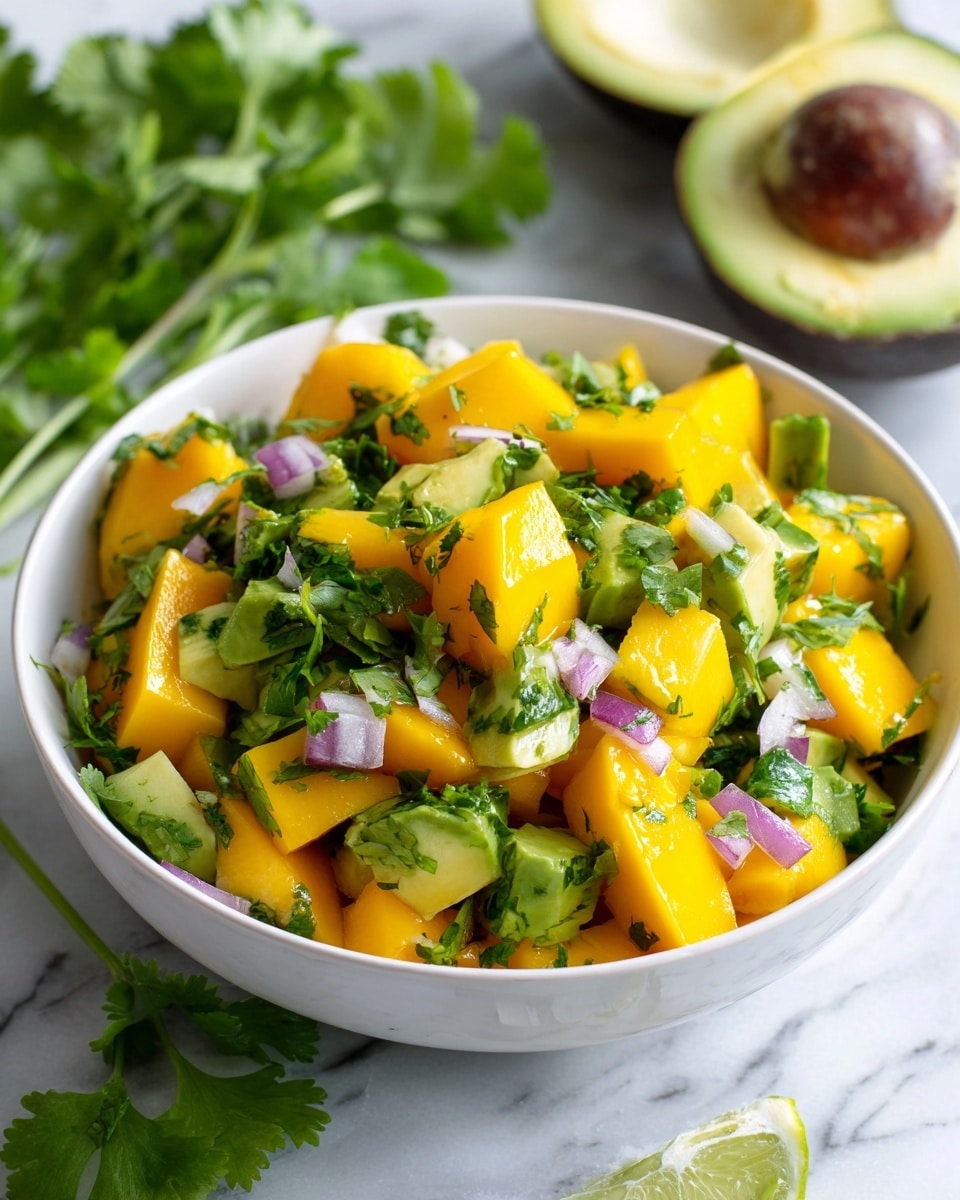 A white bowl filled with a fresh salad made of bright yellow mango cubes and green avocado chunks mixed with chopped cilantro leaves and small pieces of red onion, all with a juicy and soft texture. The salad shows an even mix of the mango and avocado pieces, with the cilantro adding a touch of green on top. The bowl is set on a dark surface, but the background and surface have been changed to a white marbled texture with a slightly blurred effect. Two avocado halves, one with the brown seed still inside, are placed behind the bowl along with some cilantro leaves scattered around. Photo taken with an iphone --ar 4:5 --v 7
