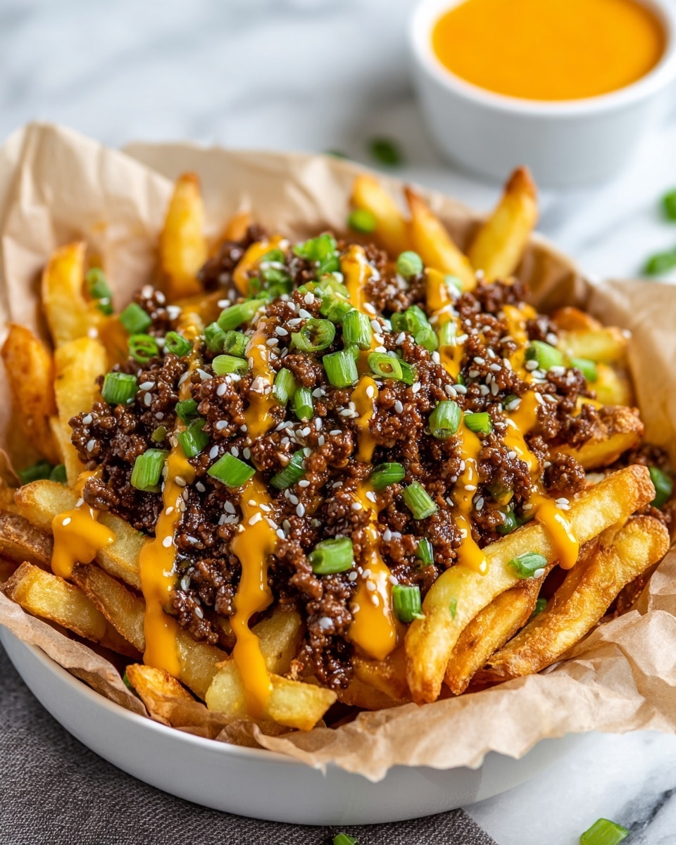 A white round bowl lined with parchment paper holds a base layer of golden, crispy French fries. On top of the fries is a thick layer of dark brown cooked ground beef. The beef is drizzled with an orange creamy sauce and sprinkled with small white sesame seeds and bright green chopped scallions. In the blurred background, a white cup with more orange sauce is visible. The dish is set on a white marbled surface. photo taken with an iphone --ar 4:5 --v 7