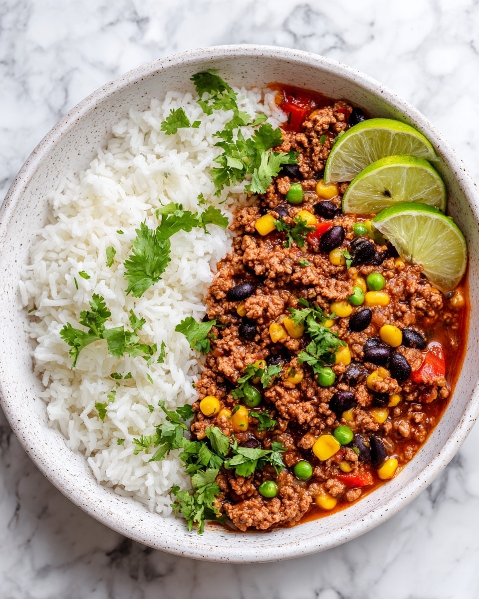 A white bowl holds two main layers: on one side, white fluffy rice with soft, separated grains, and on the other side, a thick chili mix made of browned ground meat, red and yellow diced bell peppers, black beans, green peas, and small chunks of onions in a rich red sauce. A few bright green coriander leaves are scattered on top of the chili, and two fresh lime wedges sit on the edge of the bowl. The bowl is placed on a white marbled surface. photo taken with an iphone --ar 4:5 --v 7