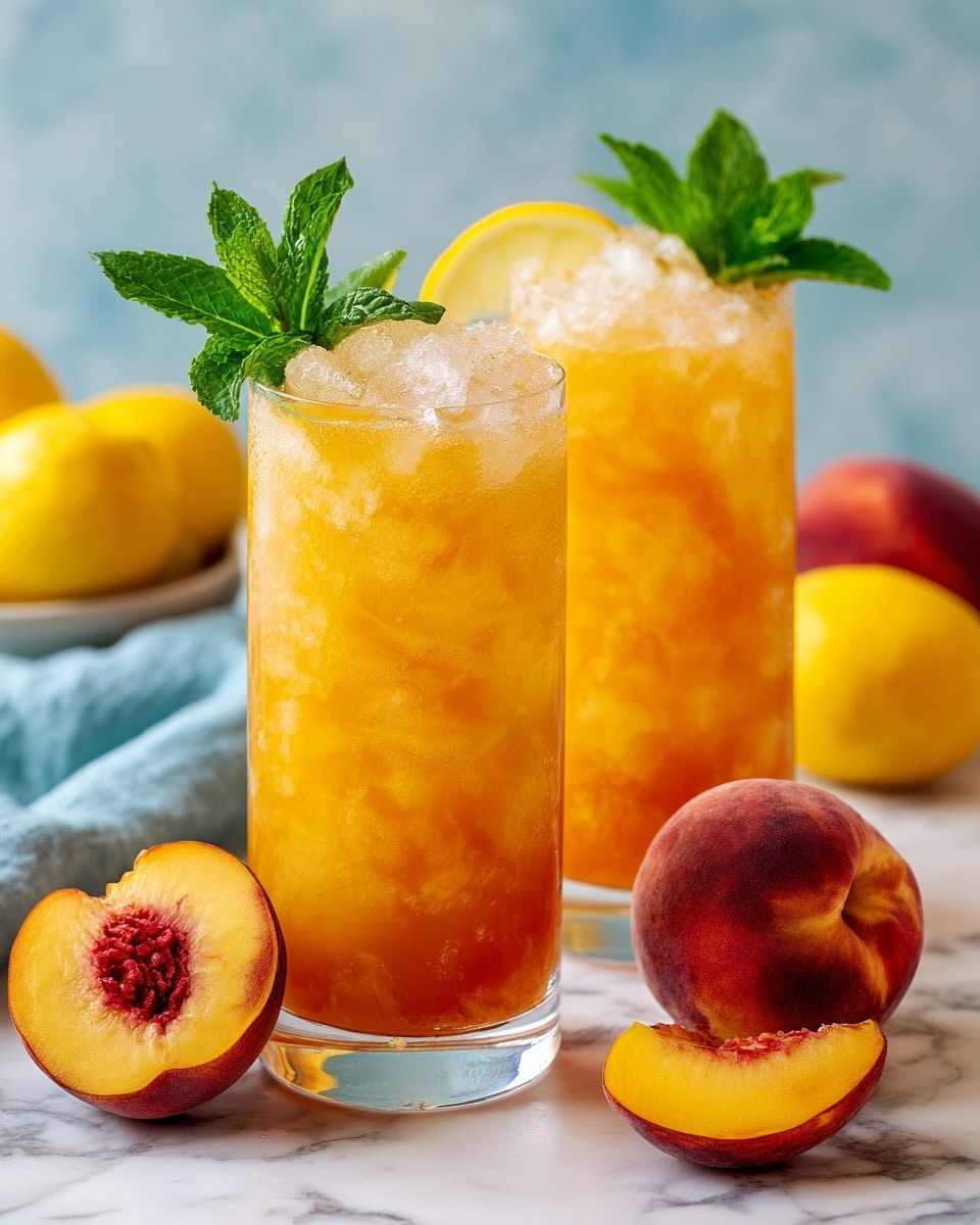 Two tall clear glasses filled with light orange peach juice with crushed ice, showing a gradient from denser orange at the bottom to lighter and more translucent at the top, each topped with a fresh green mint sprig on one side and a bright yellow lemon slice on the rim. Around the glasses, there are whole peaches with reddish-yellow skin and peach slices showing yellow flesh with a red center pit area. The setup is on a white marbled surface, with a soft background of fuzzy, out-of-focus yellow lemons and a light blue cloth. photo taken with an iphone --ar 4:5 --v 7