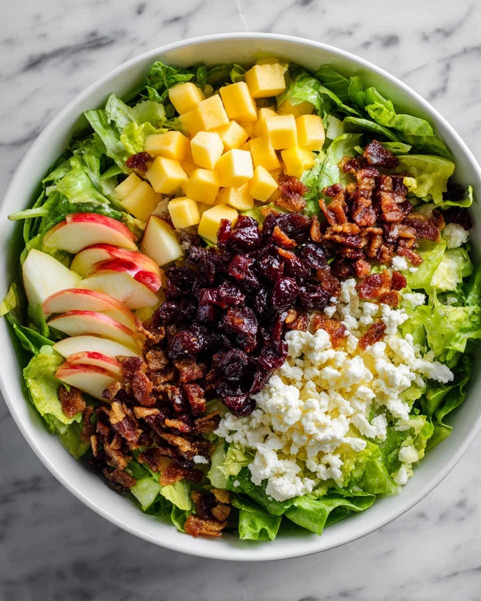 A white bowl filled with a fresh salad shows a bottom layer of bright green leafy lettuce. On top of the lettuce, there are small cubes of yellow cheese and red apple pieces with white flesh. Above that, there are dark red dried cranberries spread evenly. The top layer consists of crispy brown bacon bits and small crumbles of white cheese. The bowl is placed on a white marbled surface. photo taken with an iphone --ar 4:5 --v 7