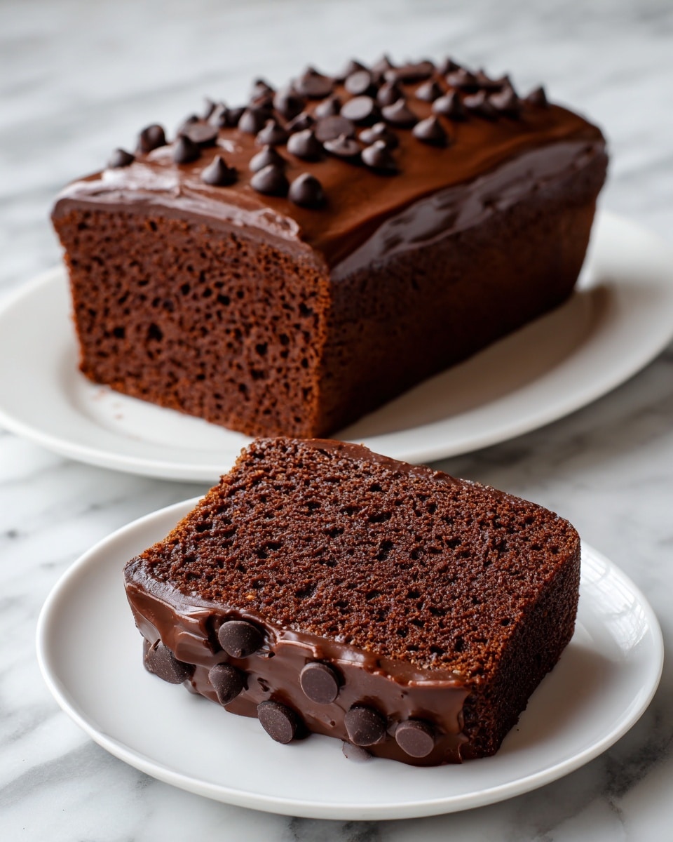 A rectangular chocolate cake with two visible layers is shown, the main body being a dark brown, moist, and dense sponge with a slightly coarse texture. On top, there is a thick layer of smooth, shiny, dark chocolate frosting spread evenly, decorated with several small, pointed chocolate chips scattered across the surface. The front slice is separated and laying flat on a white plate, showing the moist, rich crumb inside and a generous spread of the same glossy chocolate frosting on the cut side. The scene is set on a white marbled texture. photo taken with an iphone --ar 4:5 --v 7