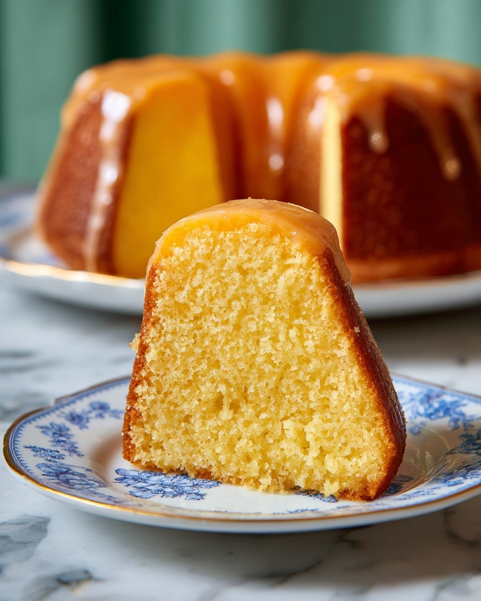 A single slice of golden yellow sponge cake with a slightly crumbly texture is shown on a white plate with a delicate dark gray floral pattern. The slice has a glossy amber-colored glaze spread evenly on top. In the background, there is the rest of the cake still whole, showing a smooth, slightly darker brown crust. The scene is set on a white marbled texture surface with a soft-focused green background. photo taken with an iphone --ar 4:5 --v 7