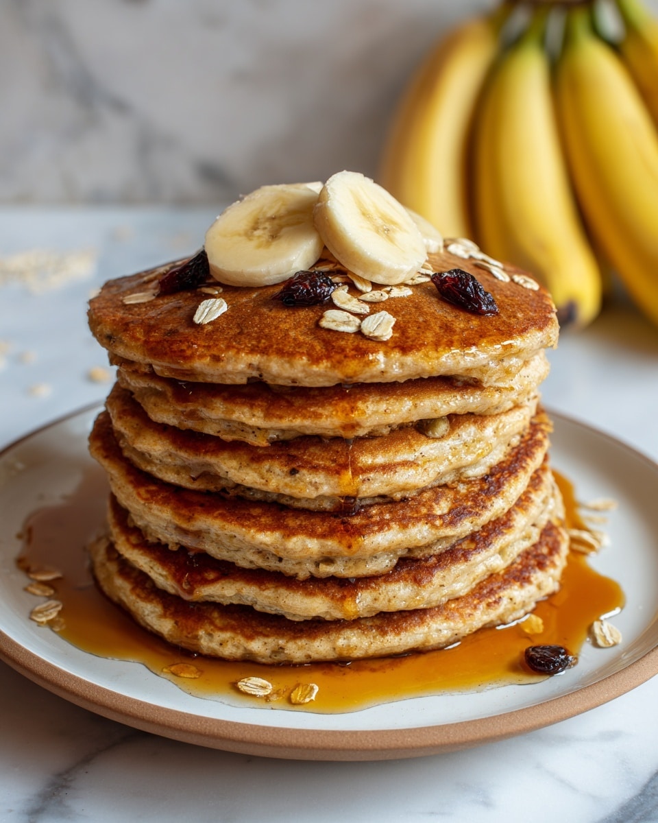A stack of seven thick, golden brown pancakes sits in the center of a white plate with a smooth edge. The pancakes have a soft texture with small air holes visible around the sides. On top of the stack, there are three slices of banana, pale yellow with a slightly glossy surface, accompanied by small clusters of dark raisins and scattered oat flakes. Warm syrup is drizzled over the pancakes, pooling around the base with a rich amber color and a shiny, sticky texture. The background features a white marbled surface with blurred yellow bananas and a black cup in the distance. photo taken with an iphone --ar 4:5 --v 7