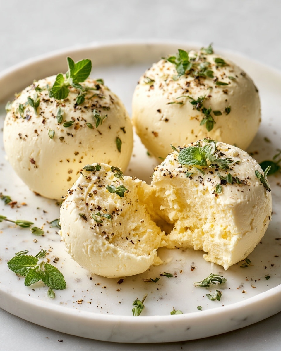 The image shows four soft, round yellow cheese balls placed on a white plate, sitting on a white marbled surface. The cheese balls have a smooth outer layer with one in the front having a bite taken out, revealing a crumbly, lighter yellow inside. Each cheese ball is lightly sprinkled with small green herb pieces and a bit of black pepper, adding a fresh and slightly spicy look. Photo taken with an iphone --ar 4:5 --v 7
