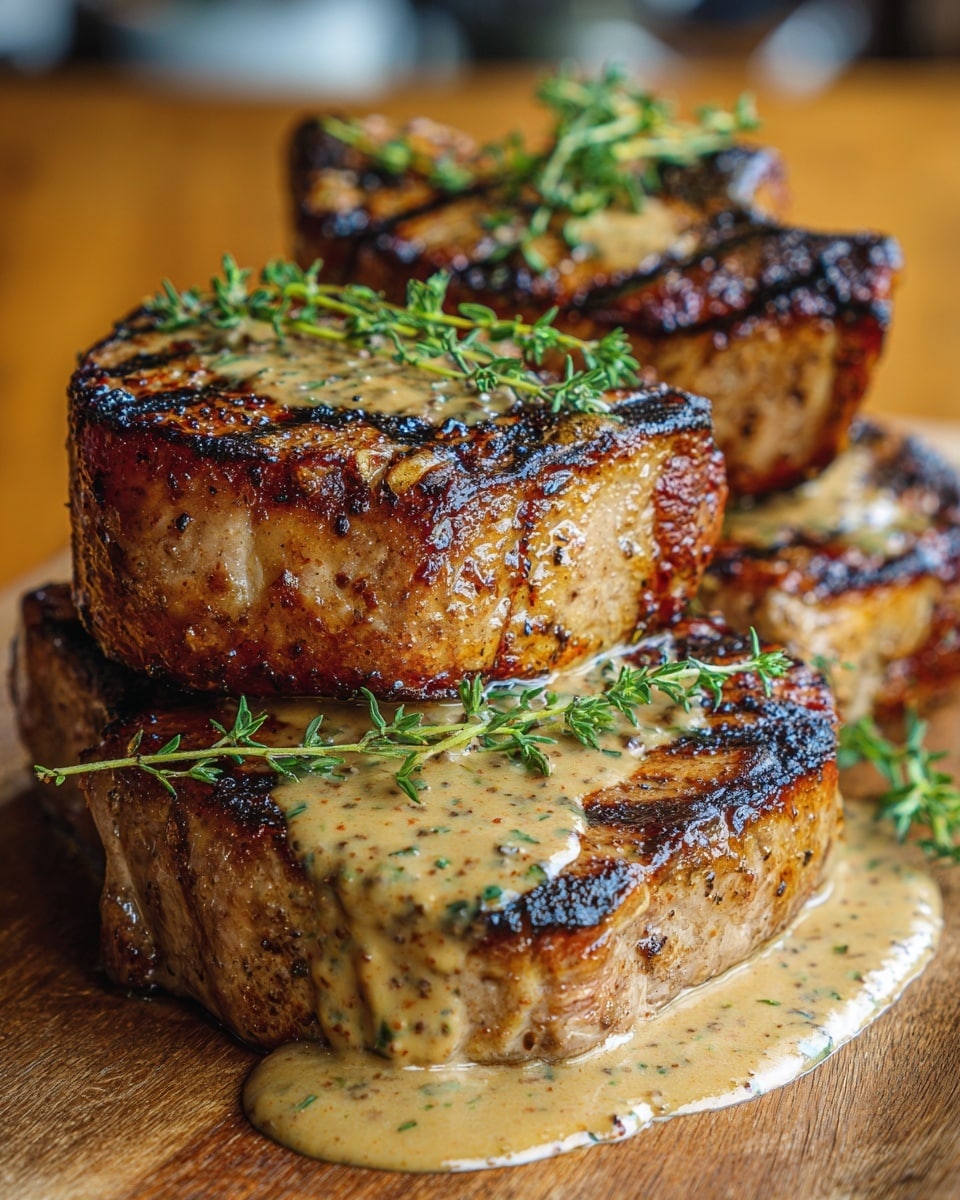 The image shows three thick, grilled pork chops placed close to each other on a wooden tray, resting on a white marbled surface. Each chop has a golden-brown crust with visible char marks and is coated in a creamy, yellowish sauce speckled with green herbs. Small green sprigs of fresh thyme lay on top of each chop, adding a fresh touch. The sauce pools slightly around the chops, making them look juicy and rich. Photo taken with an iphone --ar 4:5 --v 7