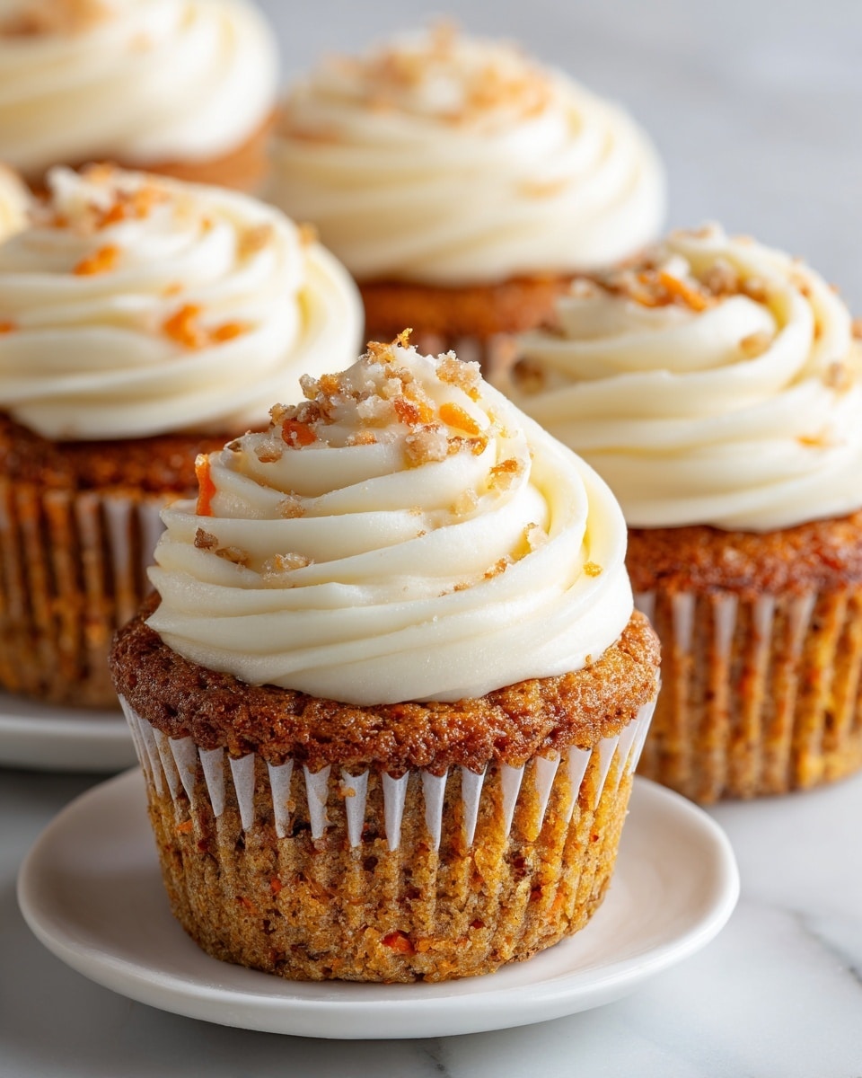 This image shows five carrot cupcakes arranged on a white plate with a wood surface barely visible underneath. Each cupcake has two layers: the bottom layer is golden-brown with visible orange carrot bits and a rough texture, and the top layer is a thick swirl of smooth, creamy white frosting shaped like soft peaks. The frosting is sprinkled with small chopped nuts that add a crunchy texture to the top. The cupcakes are close-up, with the closest one sharply in focus and the others fading softly into the background. photo taken with an iphone --ar 4:5 --v 7